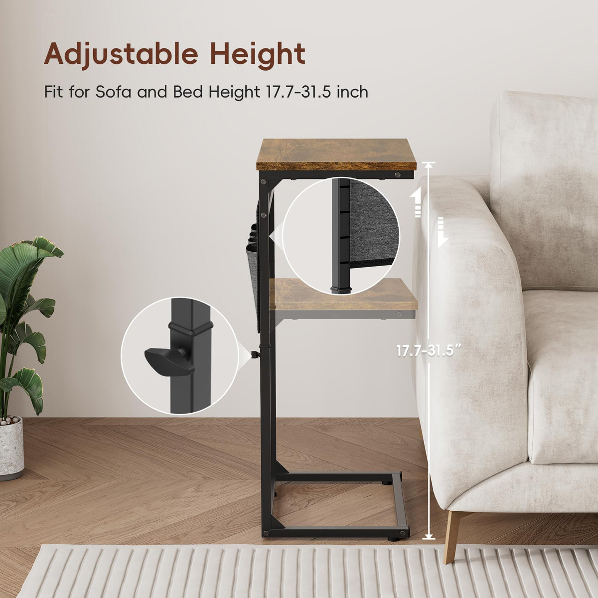 Vagusicc C-Shaped Side Table, Height Adjustable Sofa Side Table, Bedside Table with Cloth Storage Bag, C Table, End Table for Small Spaces - image 5
