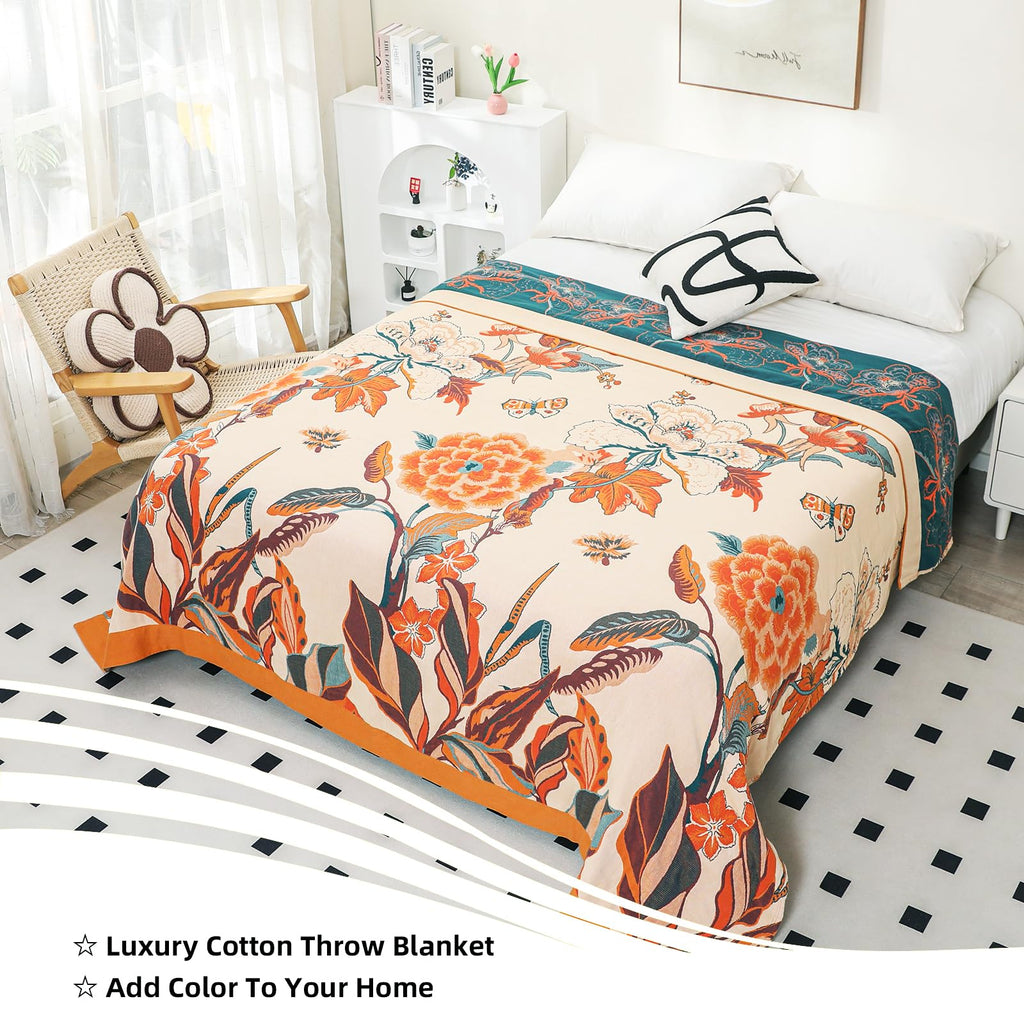VANJOROY Organic Cotton Bohemian Throw Blanket | Large Boho Sofa Bedspread
