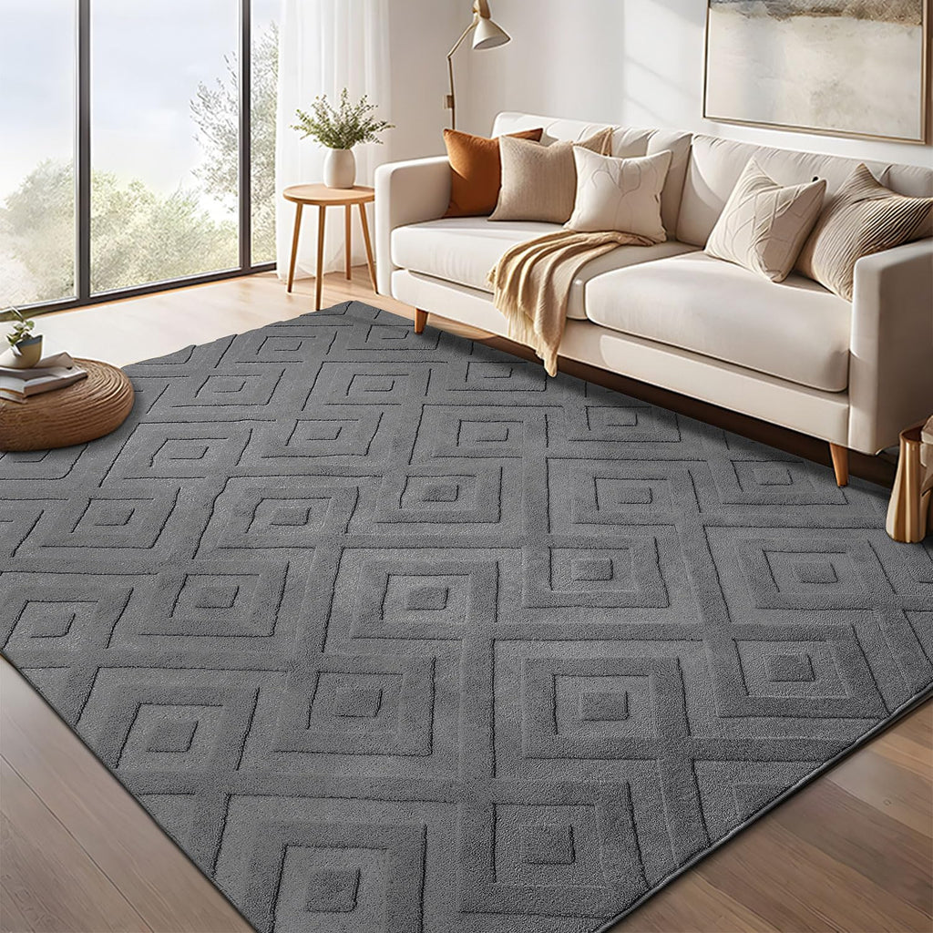 SHACOS Modern Grey Geometric Area Rug | 140x200cm Washable Non-Slip Carpet