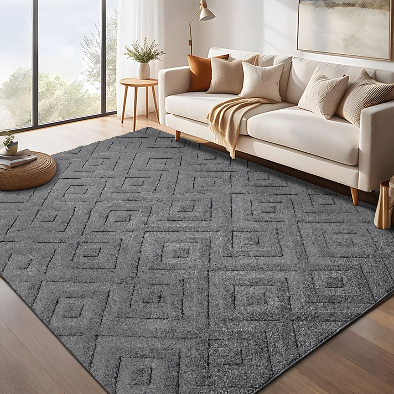 SHACOS Modern Grey Geometric Area Rug | 140x200cm Washable Non-Slip Carpet