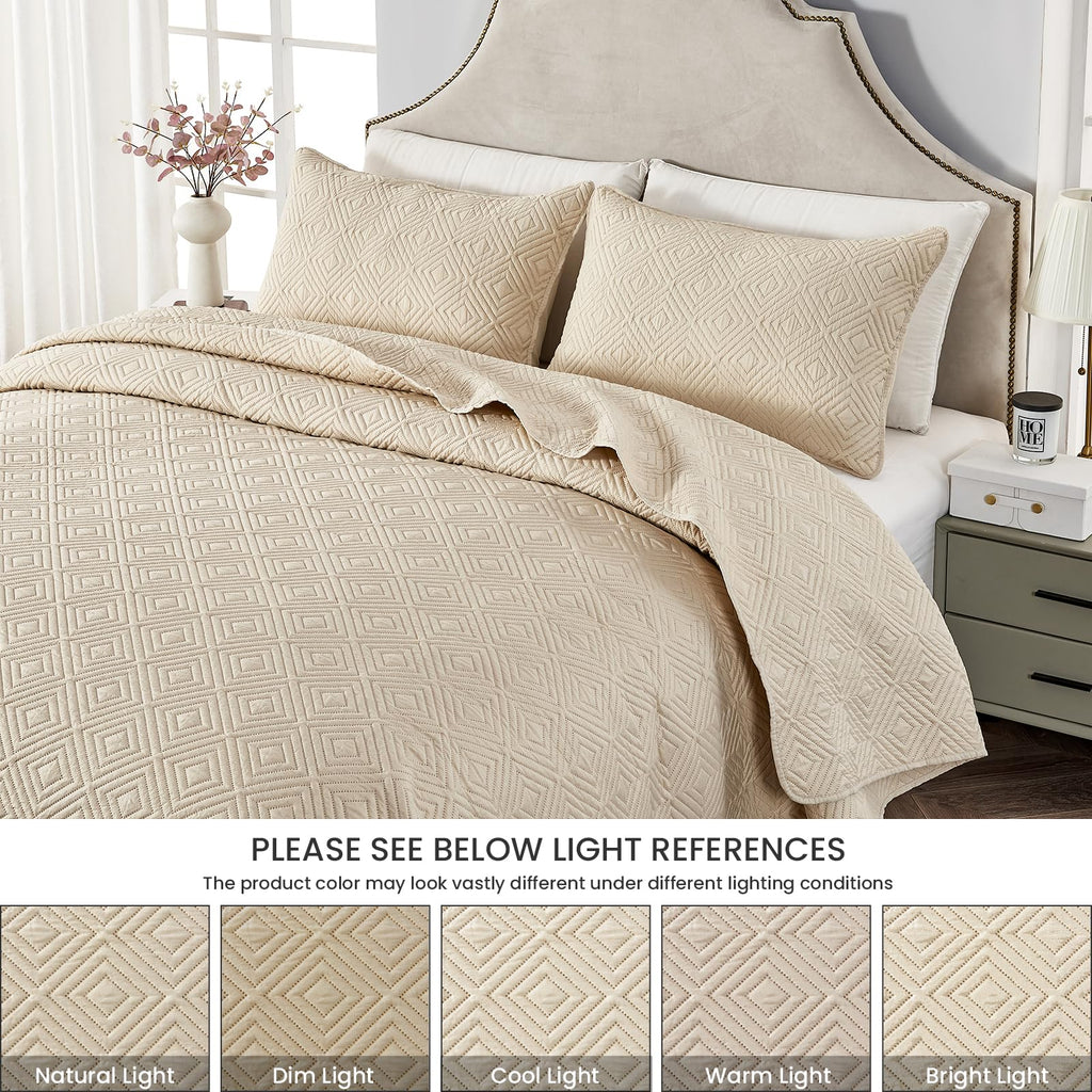 Qucover Super King Bedspread - 3-Piece Beige Ultrasonic Geometric Quilt