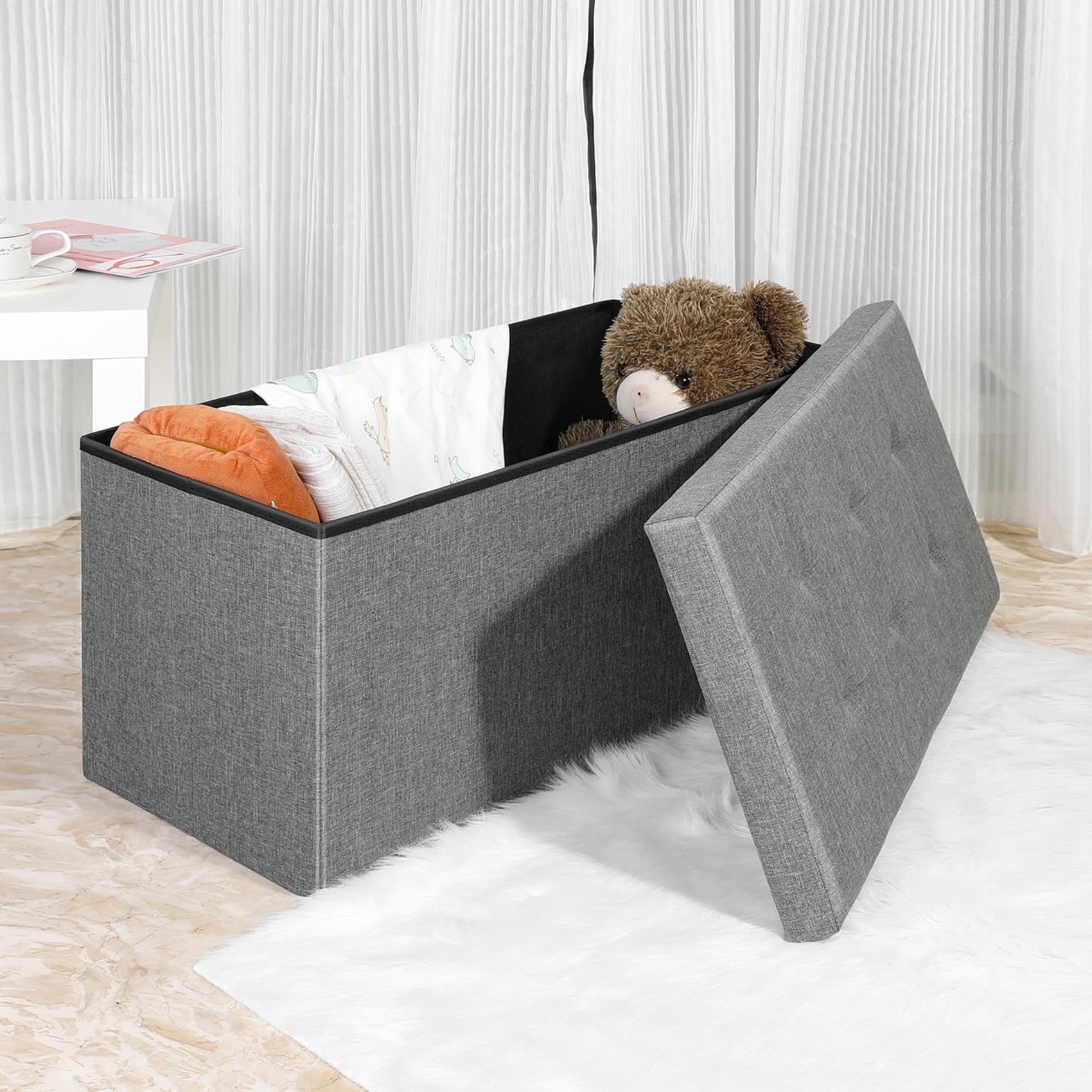 Bonlife Large Folding Storage Ottoman | Grey Linen Toy Box Bench – 76cm
