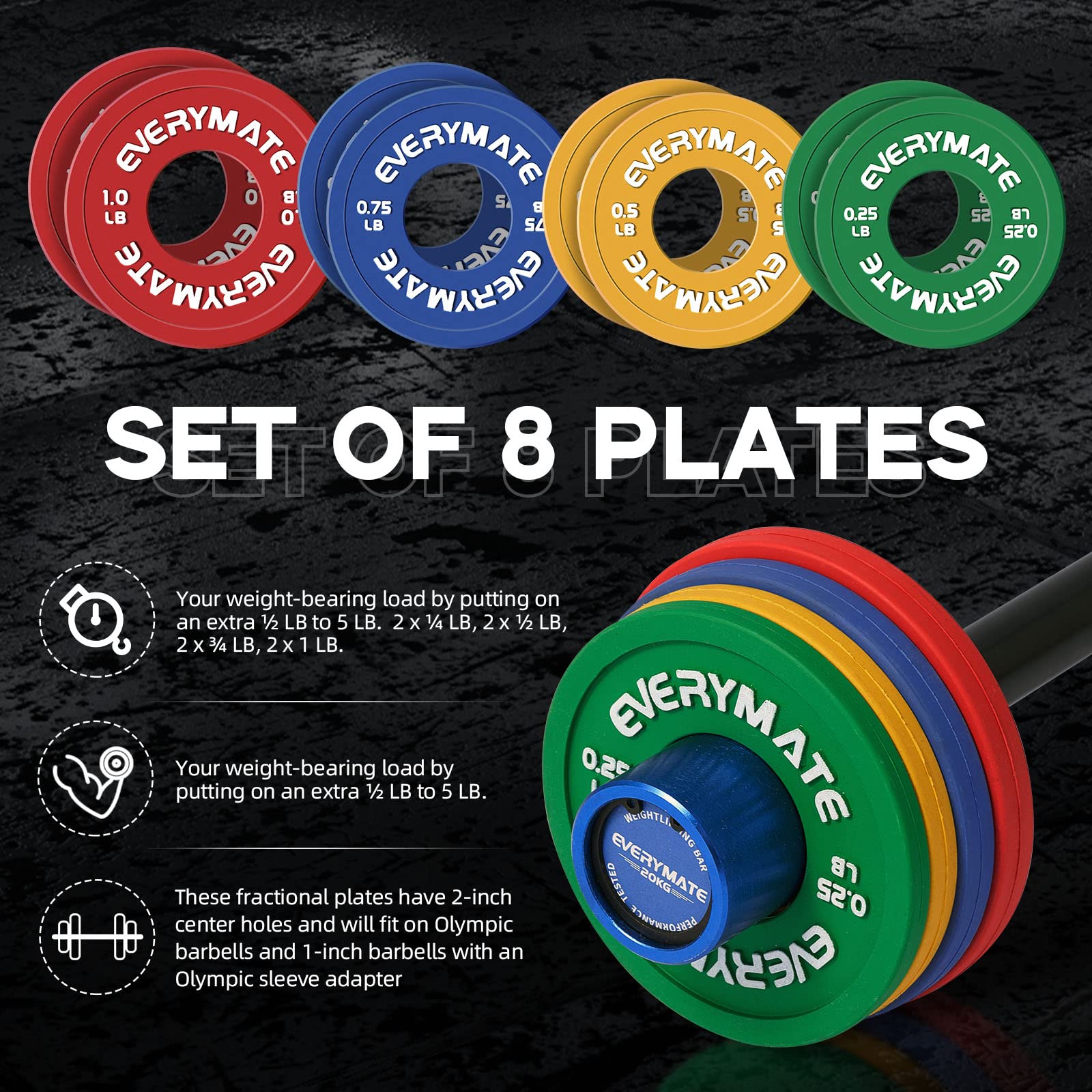 EVERYMATE Fractional Weight Plates Set - 8 Micro Rubber Plates for Barbells