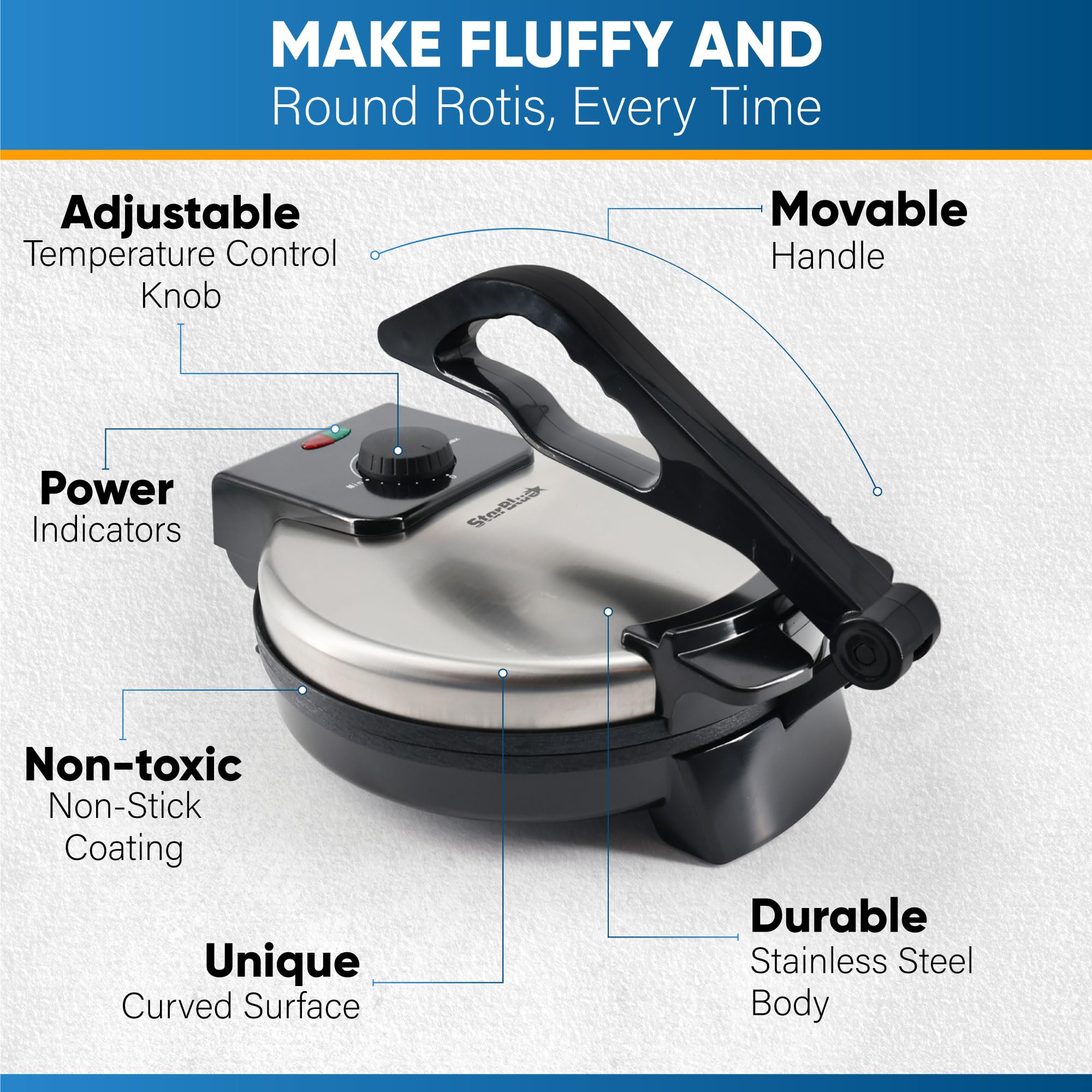 StarBlue 25.4cm Roti Maker – Non-Stick Tortilla & Chapati Machine, 1200W