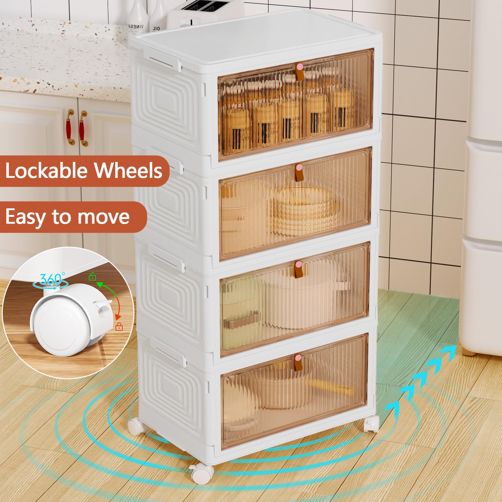 PurKeep Stackable Storage Boxes | 4-Tier 23L Plastic Bins with Wheels
