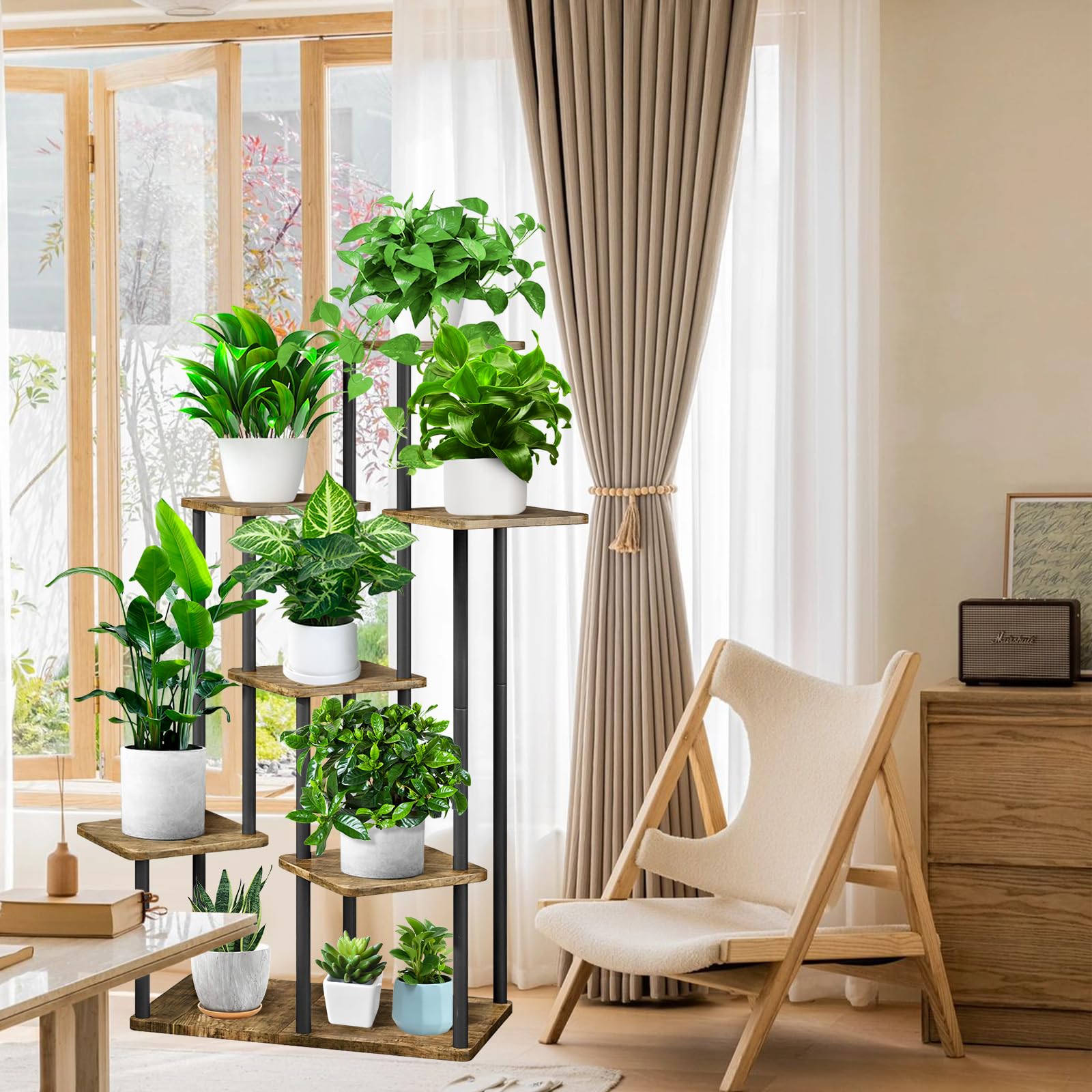 Wood & Metal Tall Plant Stand – Tiered Indoor Corner Rack