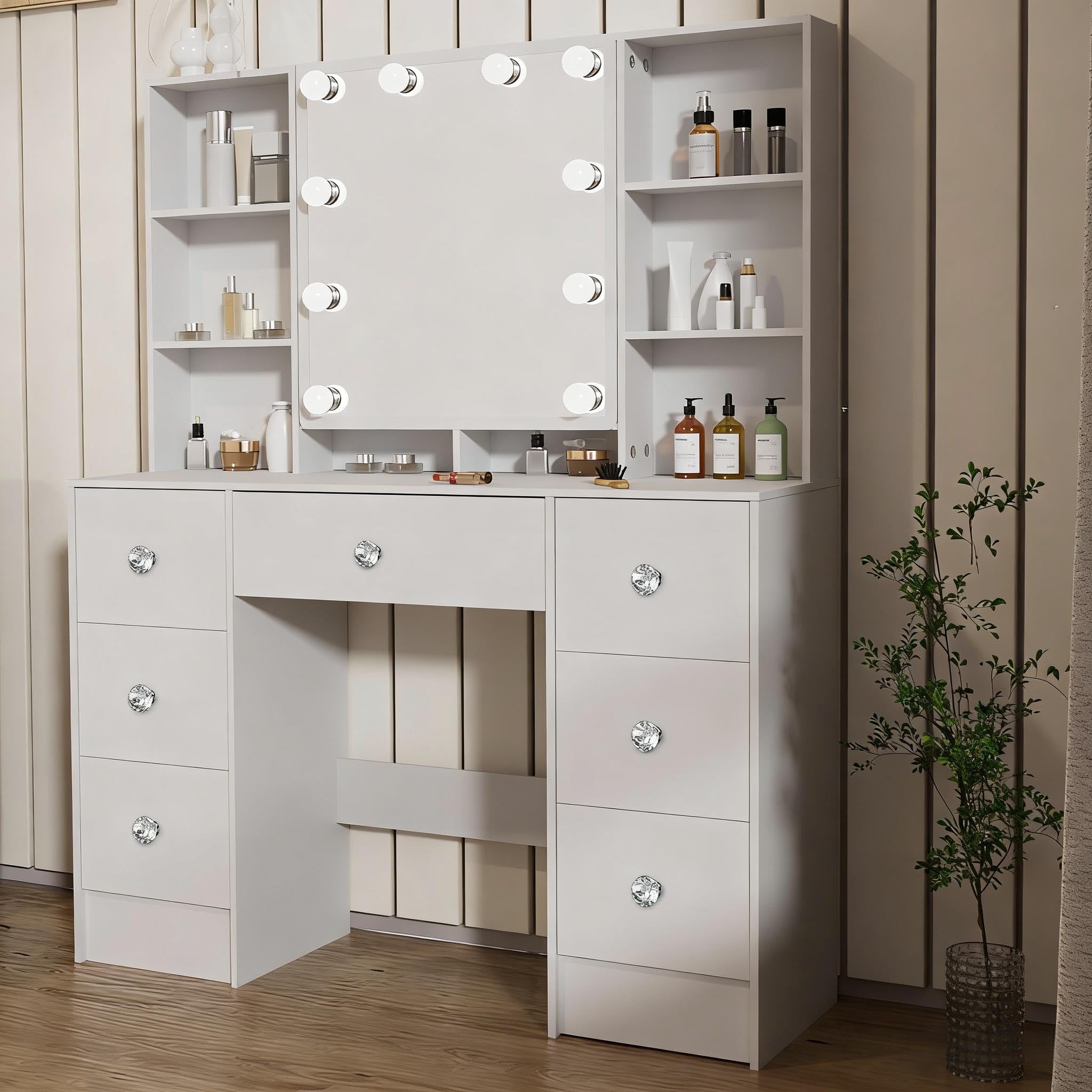 Umeiga Makeup Vanity Desk with LED Lighted Mirror and 7 Drawers