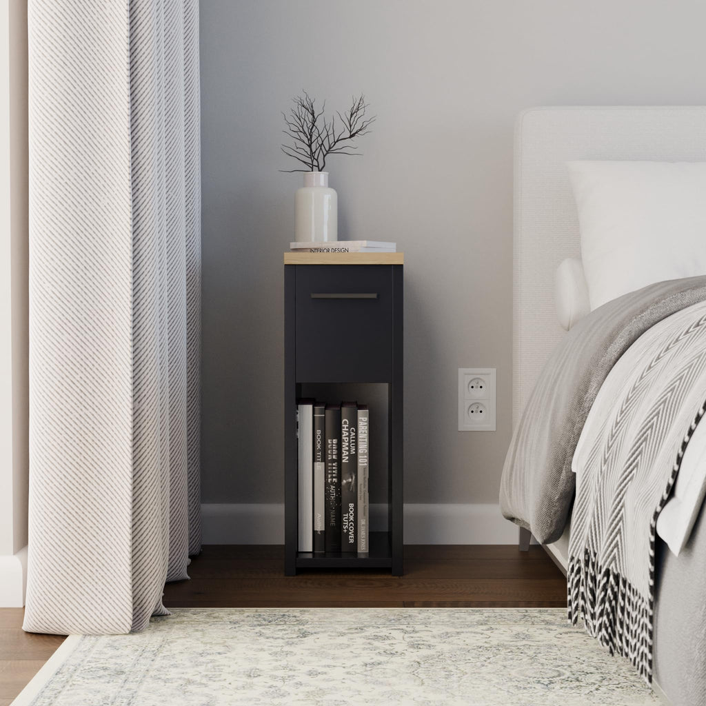 ComfortCove Narrow Bedside Table with Storage Shelf & Handle, Black/Oak - image 2