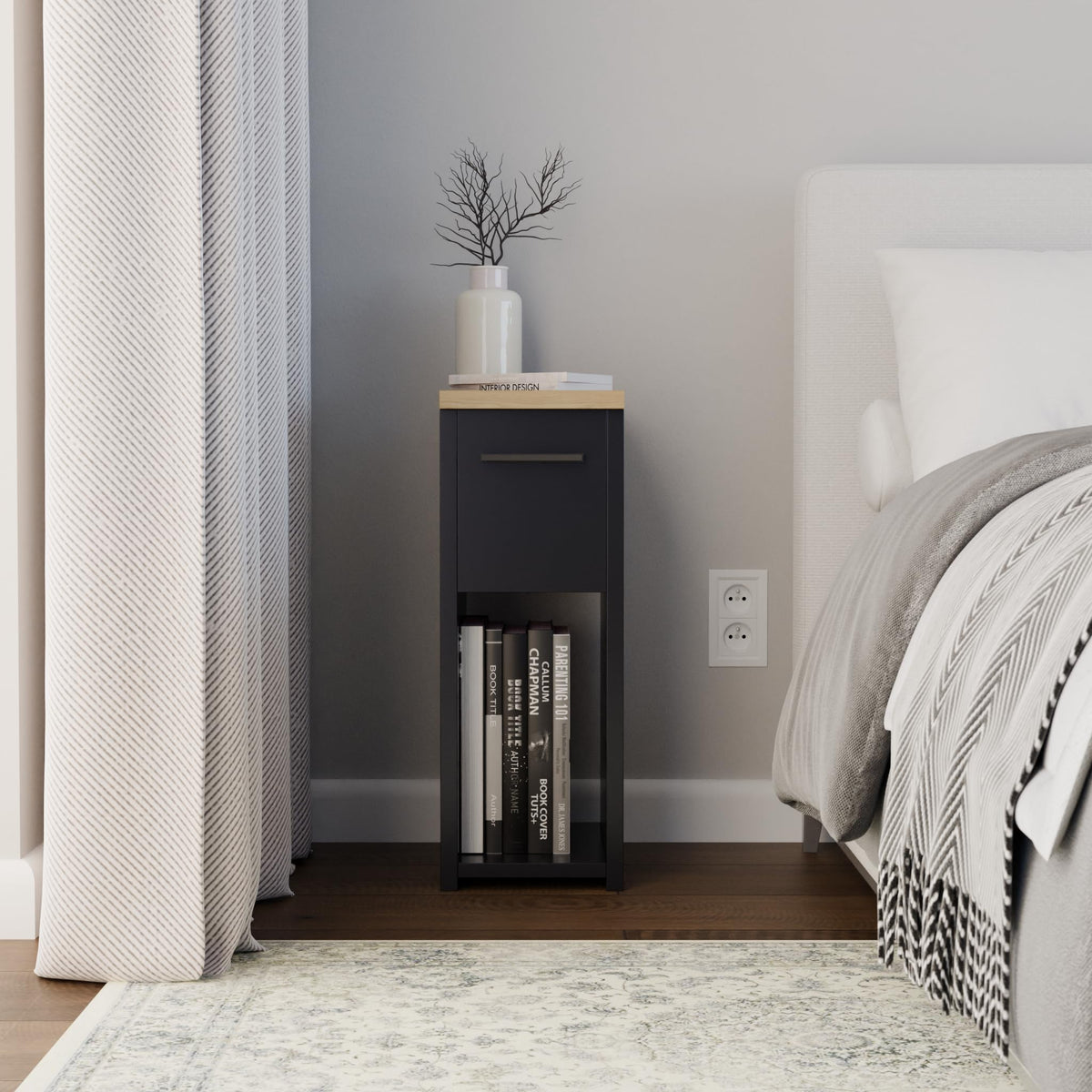 ComfortCove Narrow Bedside Table with Storage Shelf & Handle, Black/Oak - image 2