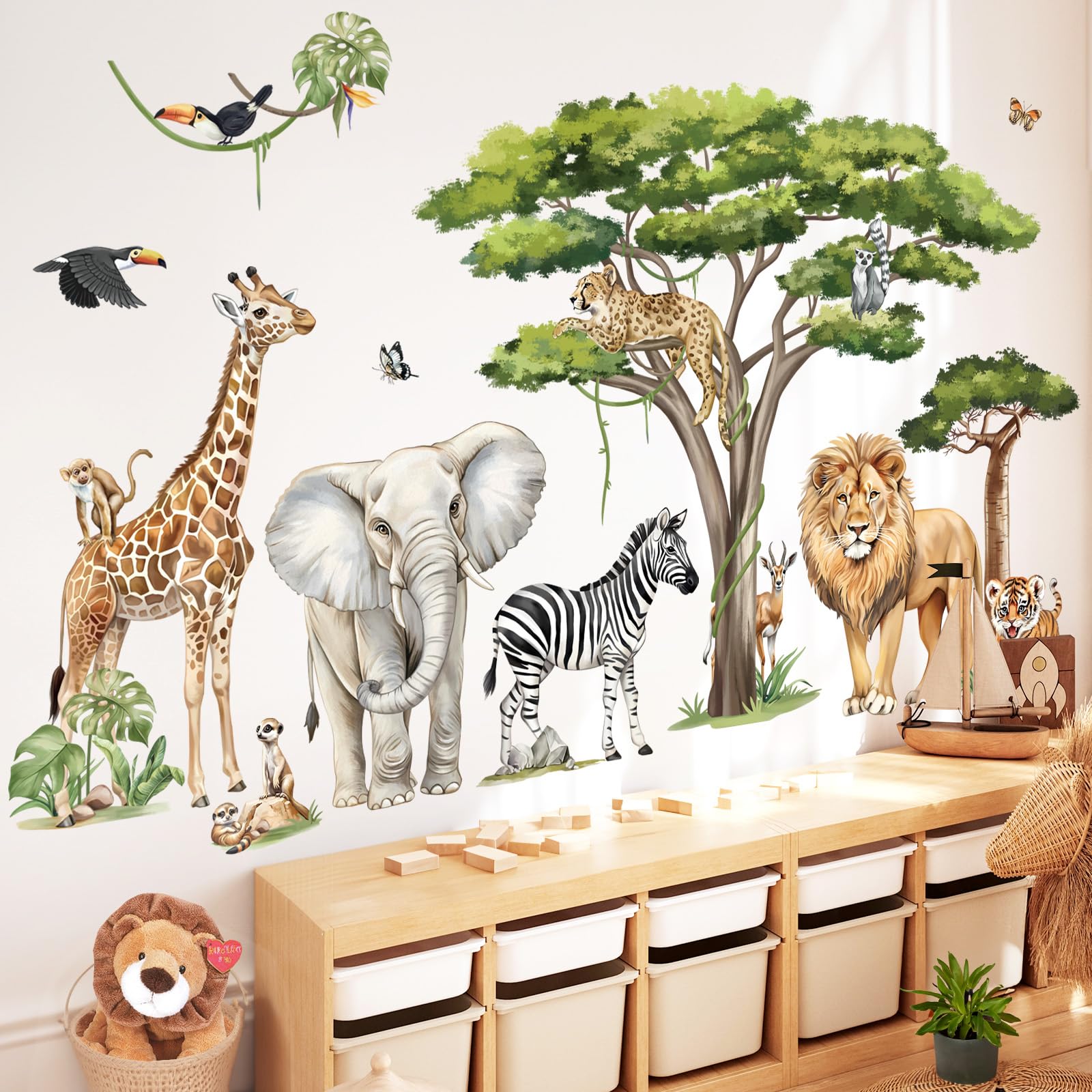 decalmile Large Safari Animals Tree Wall Decals | XXL Nursery Wall Decor