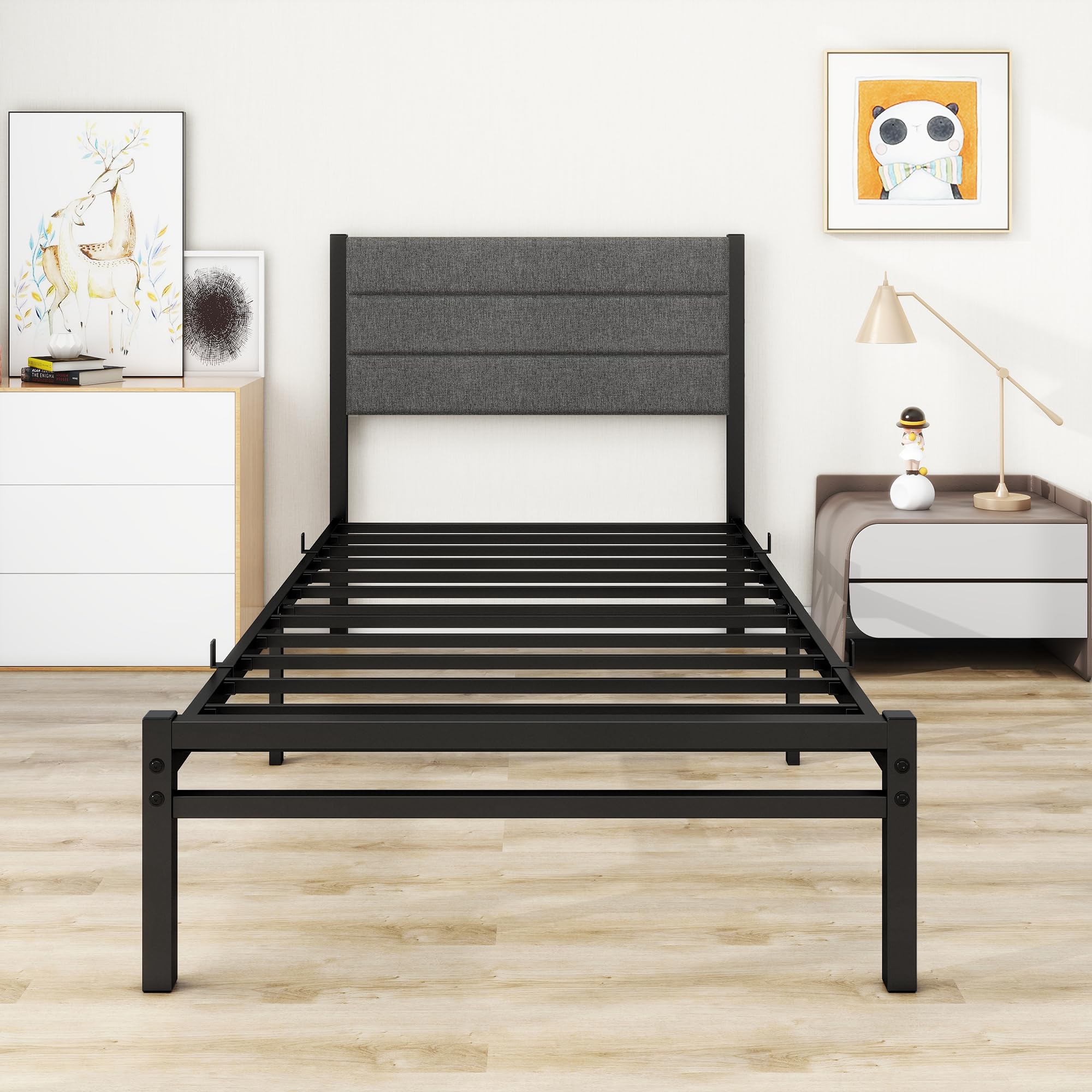 MOFLUT Single Metal Bed Frame with Upholstered Headboard and Storage