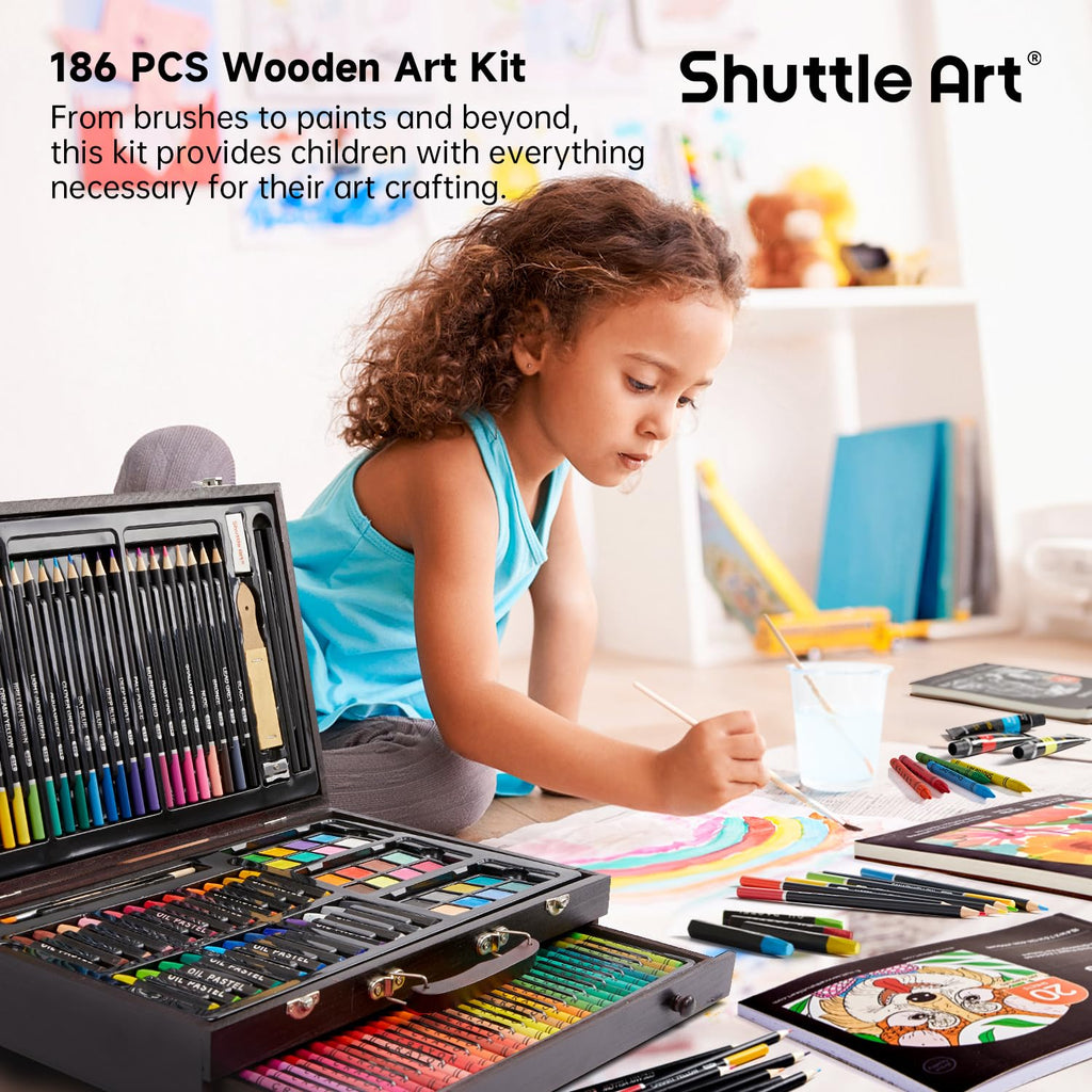 Shuttle Art 186 Piece Deluxe Art Set – Professional Wooden Case Kit