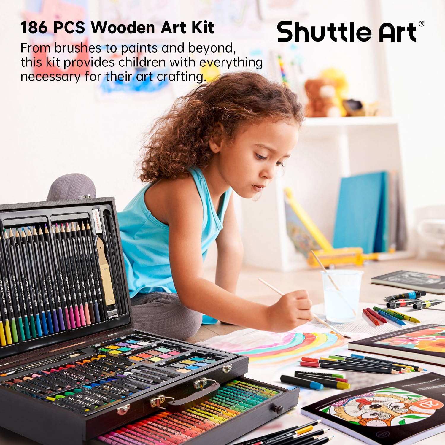 Shuttle Art 186 Piece Deluxe Art Set – Professional Wooden Case Kit