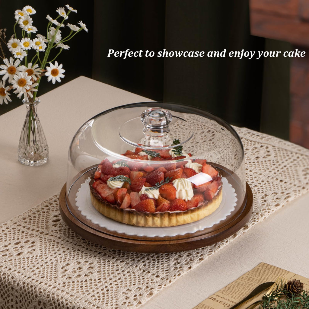 ANBOXIT Acacia Wood Rotating Cake Stand with Acrylic Dome Lid – 360° Base