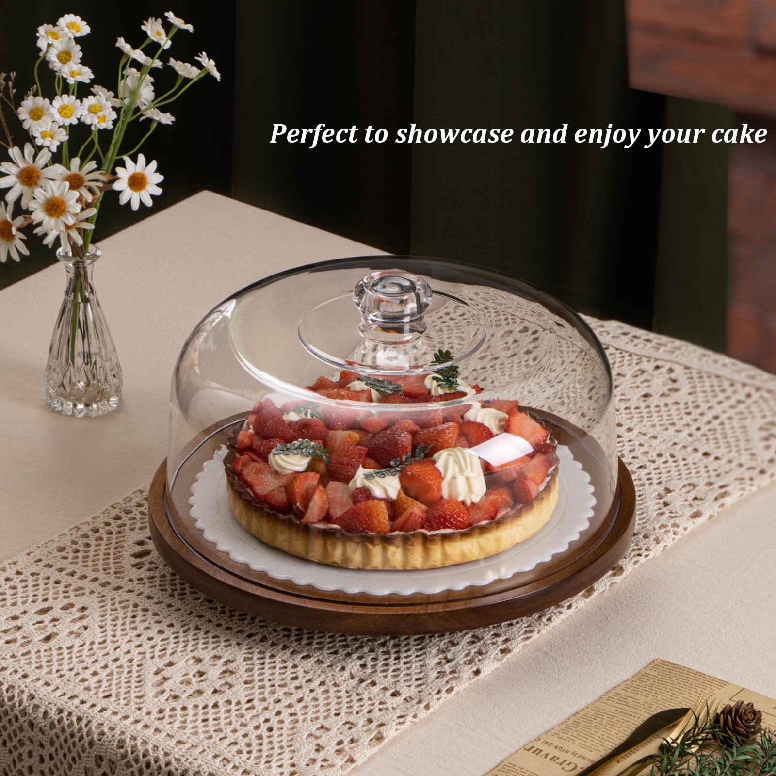 ANBOXIT Acacia Wood Rotating Cake Stand with Acrylic Dome Lid – 360° Base