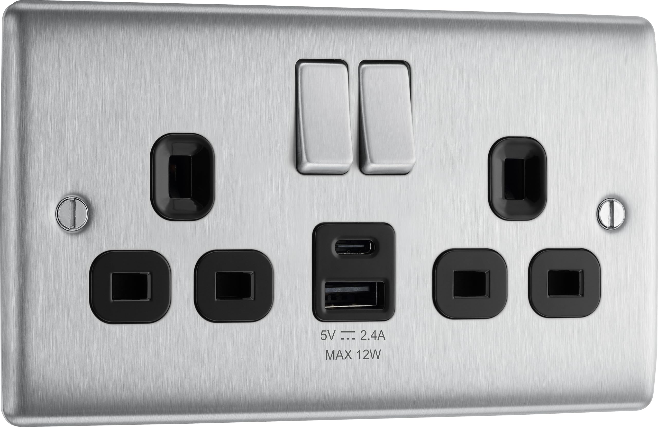 BG Electrical Double Switched Socket | Brushed Steel USB A & C