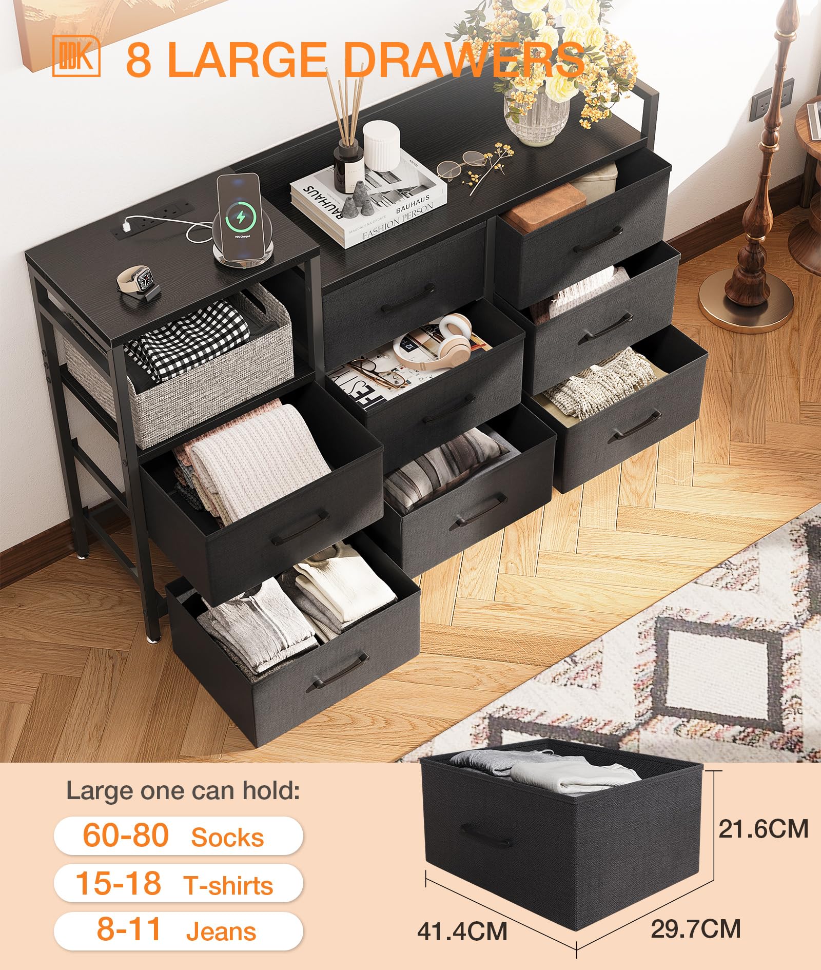 ODK 8-Drawer Fabric Chest of Drawers with Charging Station | Black