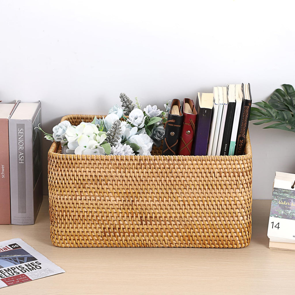 IGNPION Rattan Opened Storage Basket, Wicker Basket for Shelf, 38x28x18cm