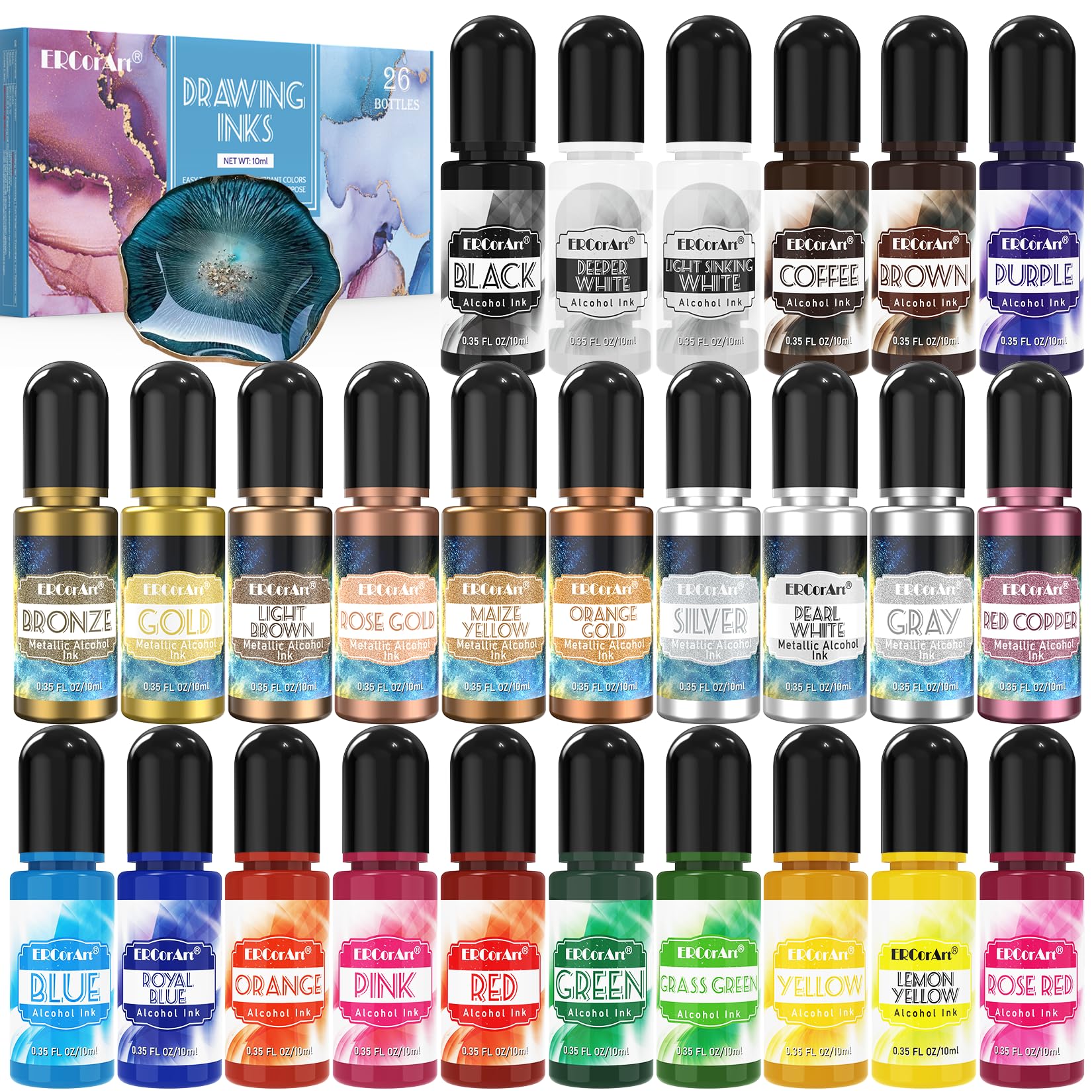 ERCorArt Alcohol Ink Set – 26 Metallic & Vibrant Colors for Resin Art