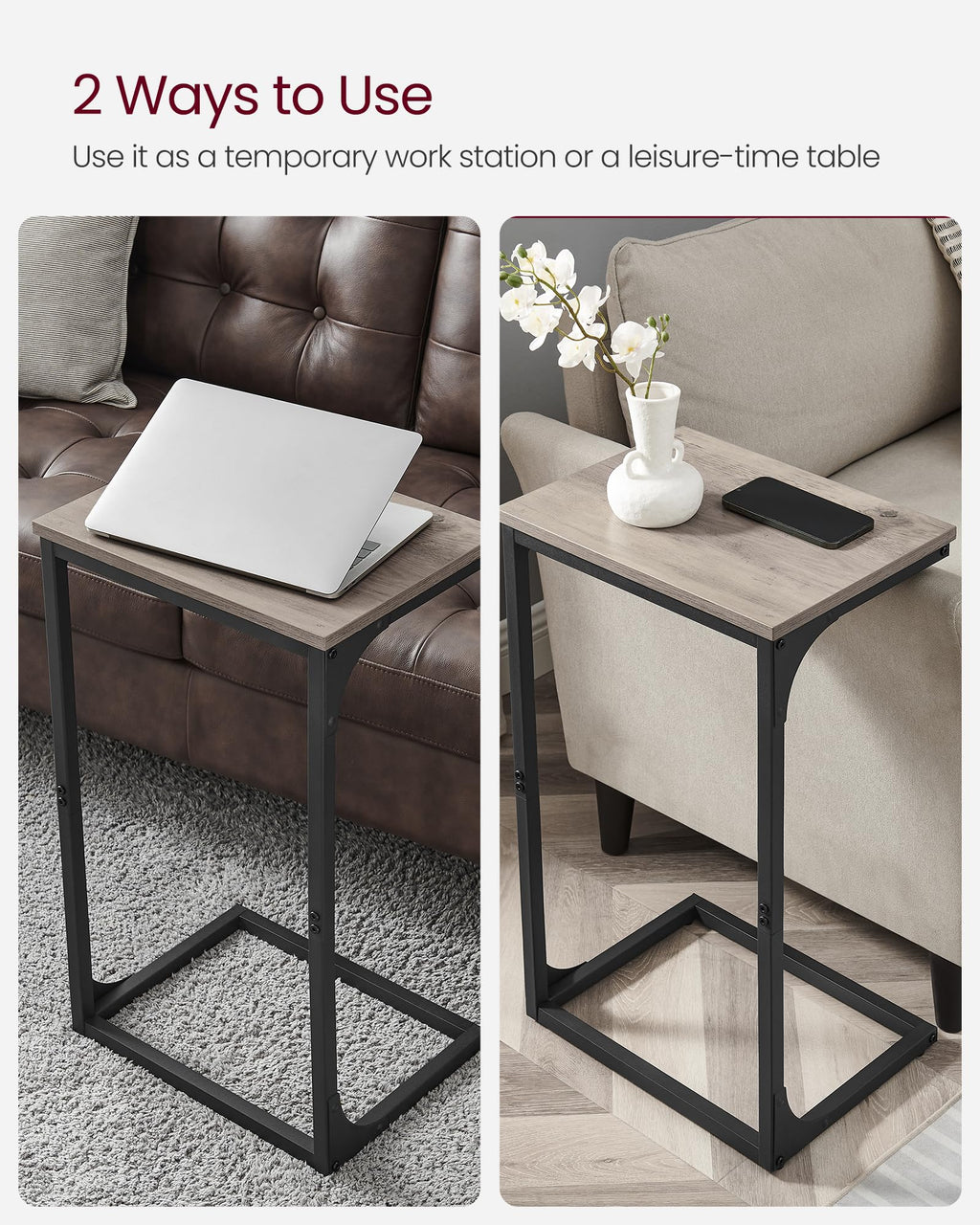 VASAGLE C-Shaped Side Table – Industrial Metal Sofa End Table, Greige