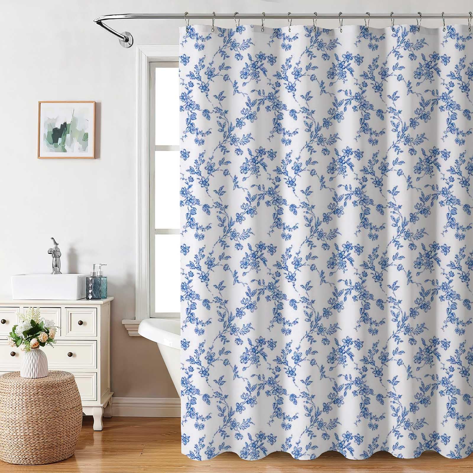 AIBIIN Blue Flora Shower Curtain | Waterproof Polyester Bath Decor with Hooks