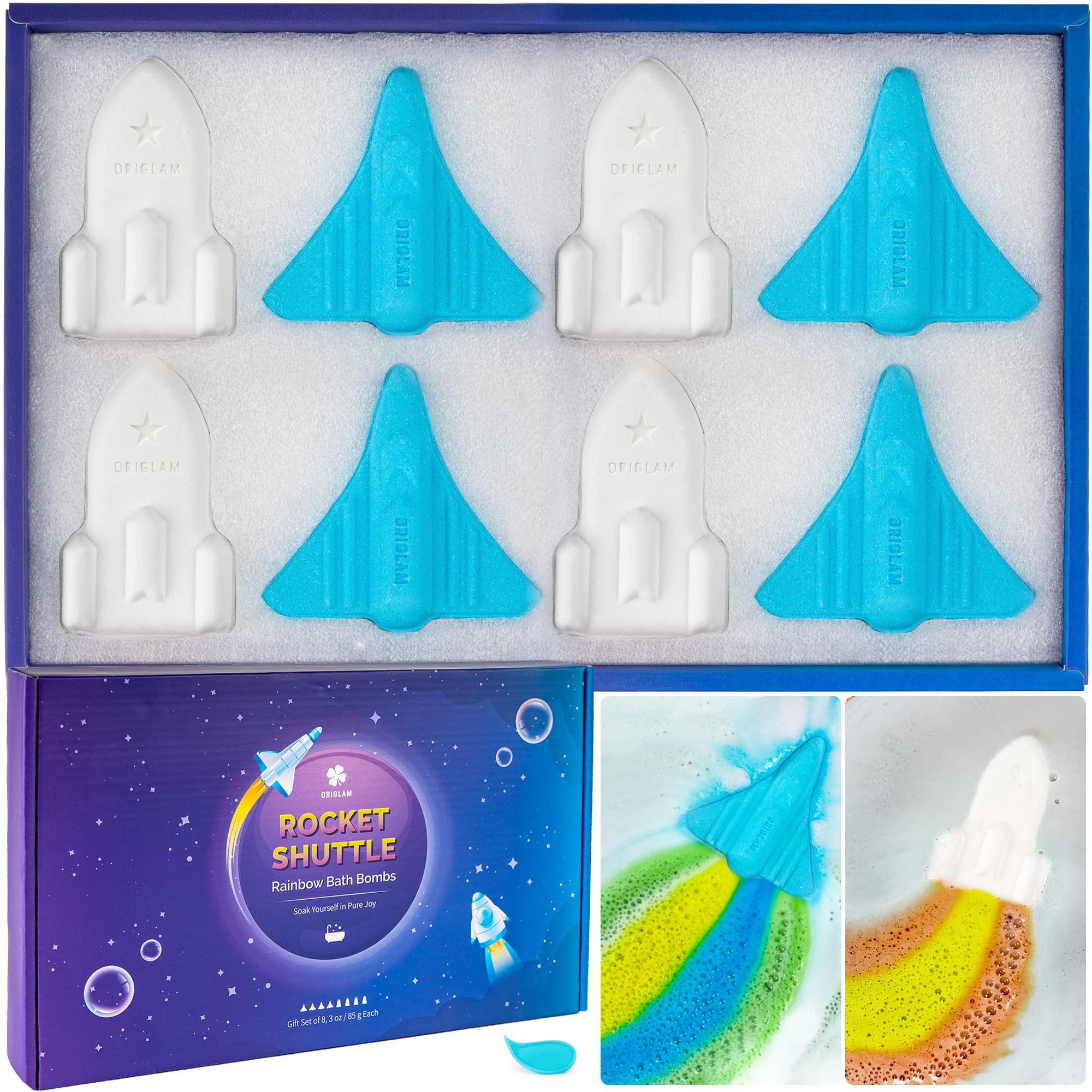 ORIGLAM Space Rocket Bath Bombs for Kids - 8ct Rainbow Bubble Bath Set