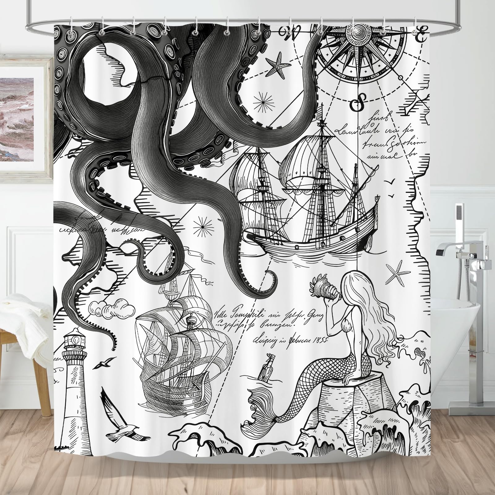 Hopomoon Gray Nautical Octopus Shower Curtain | Waterproof Kraken Decor