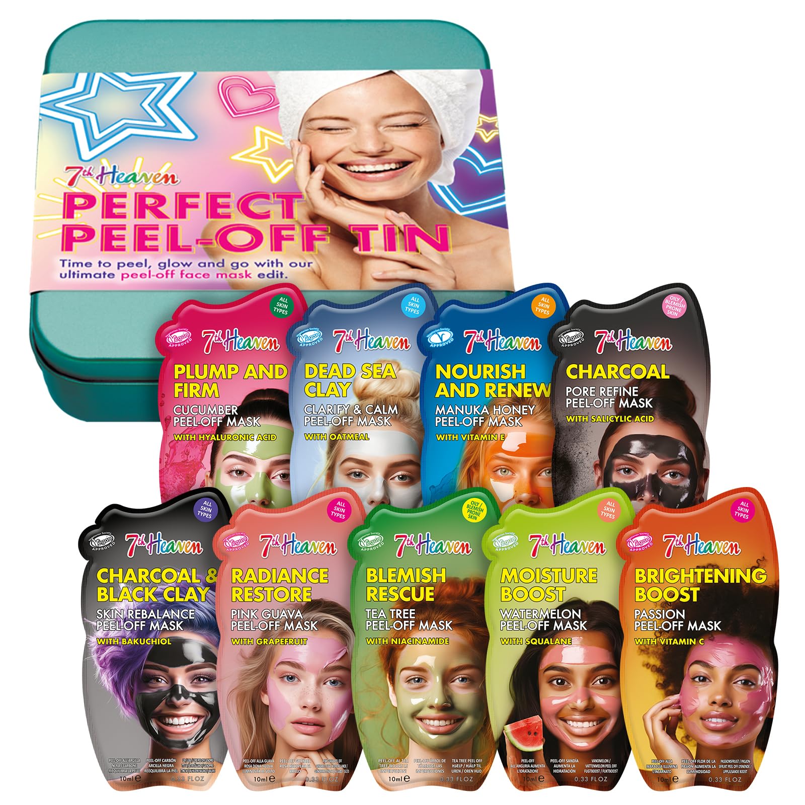 7th Heaven Peel Off Face Mask Gift Set - 9 Vegan Skincare Masks in Tin