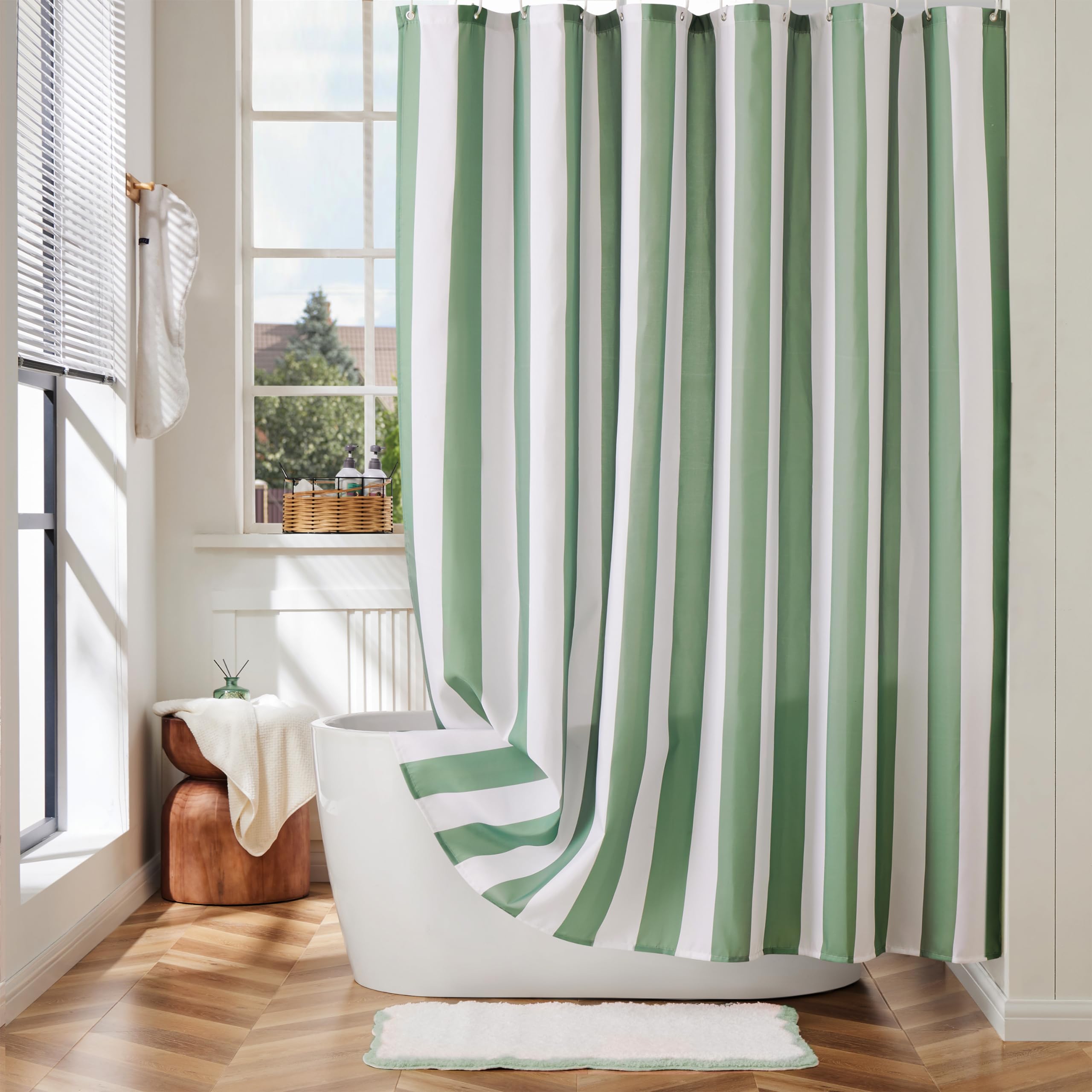 Ohocut Green Vertical Striped Shower Curtain | Waterproof Polyester Fabric