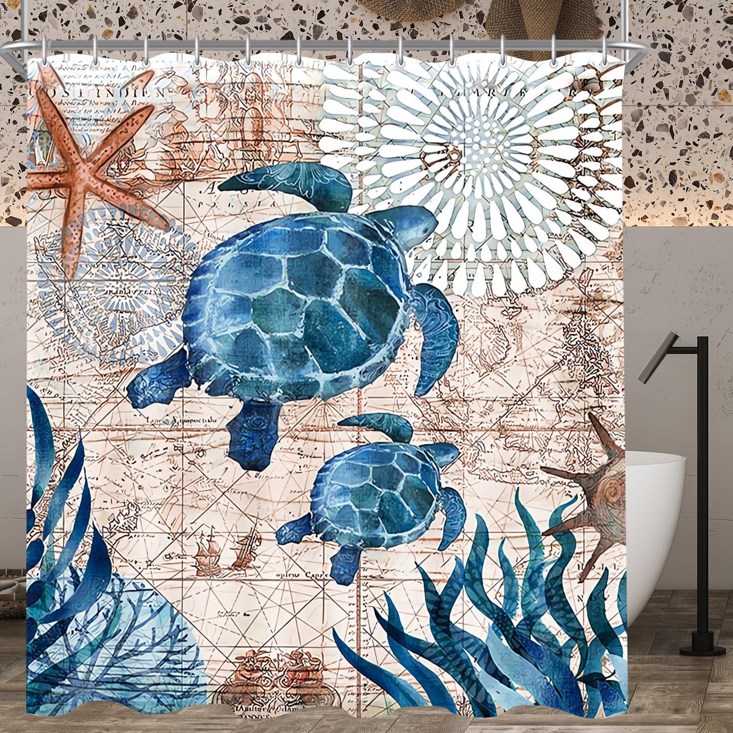 Lerores Sea Turtle Shower Curtain – Anti-Mould Weighted Polyester, 180x160cm