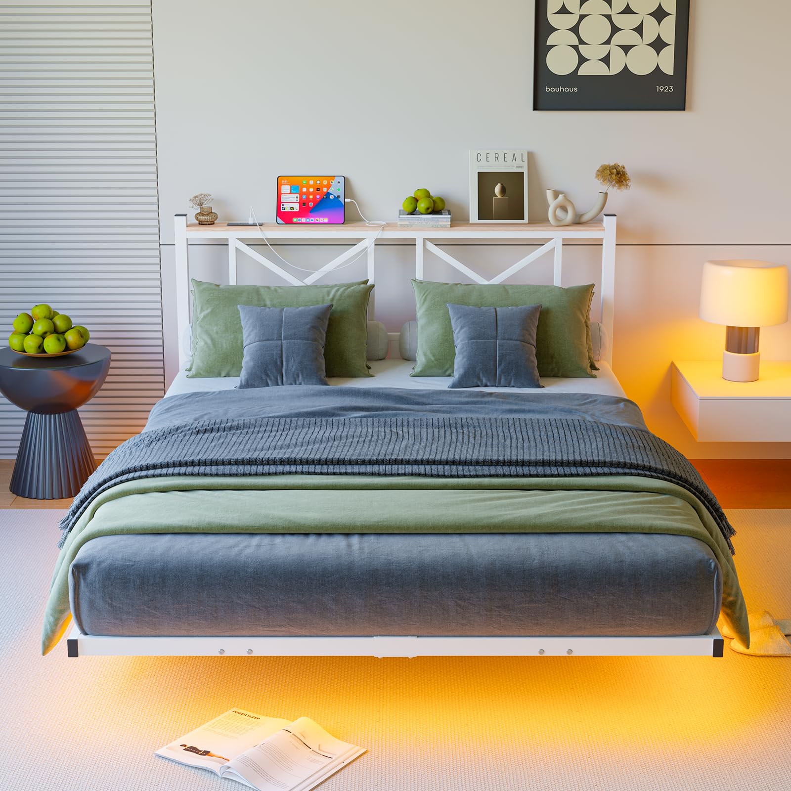 ARFARLY King Floating Bed Frame with LED, Charging Station & Storage