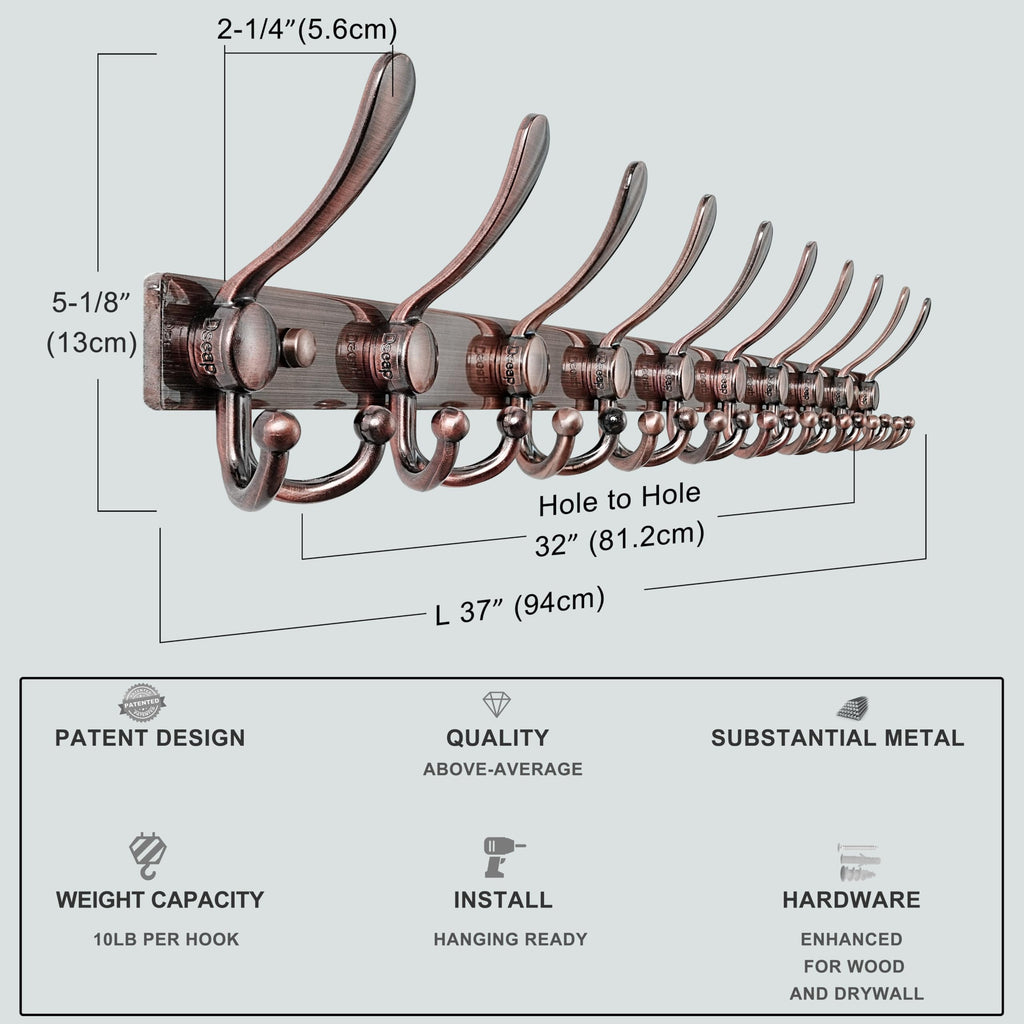 Dseap Coat Rack Wall Mount 94cm, Heavy Duty 2.5mm Base vs Flimsy 1mm, Double-Thick Solid Anti-Snap Hooks - image 5