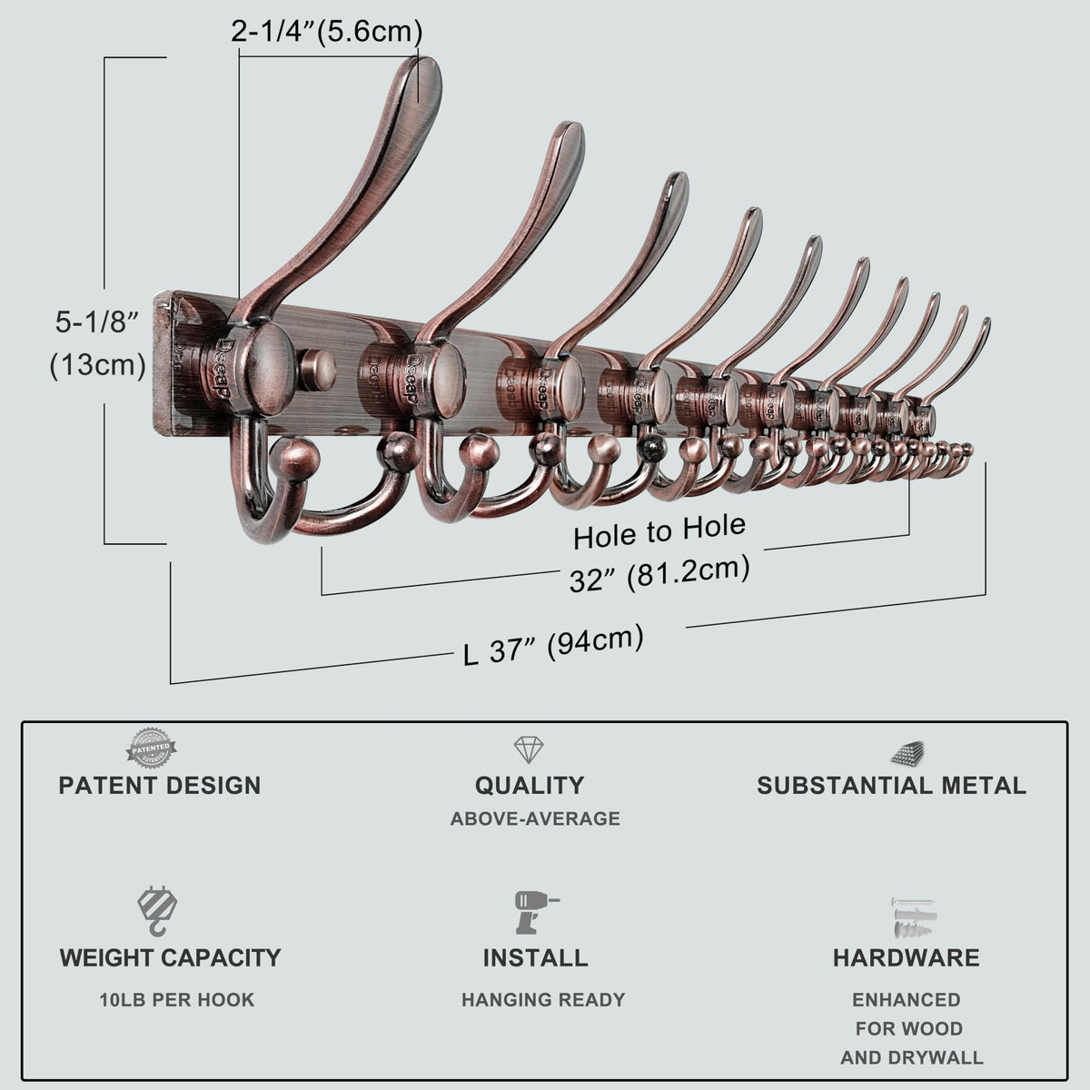 Dseap Coat Rack Wall Mount 94cm, Heavy Duty 2.5mm Base vs Flimsy 1mm, Double-Thick Solid Anti-Snap Hooks - image 5