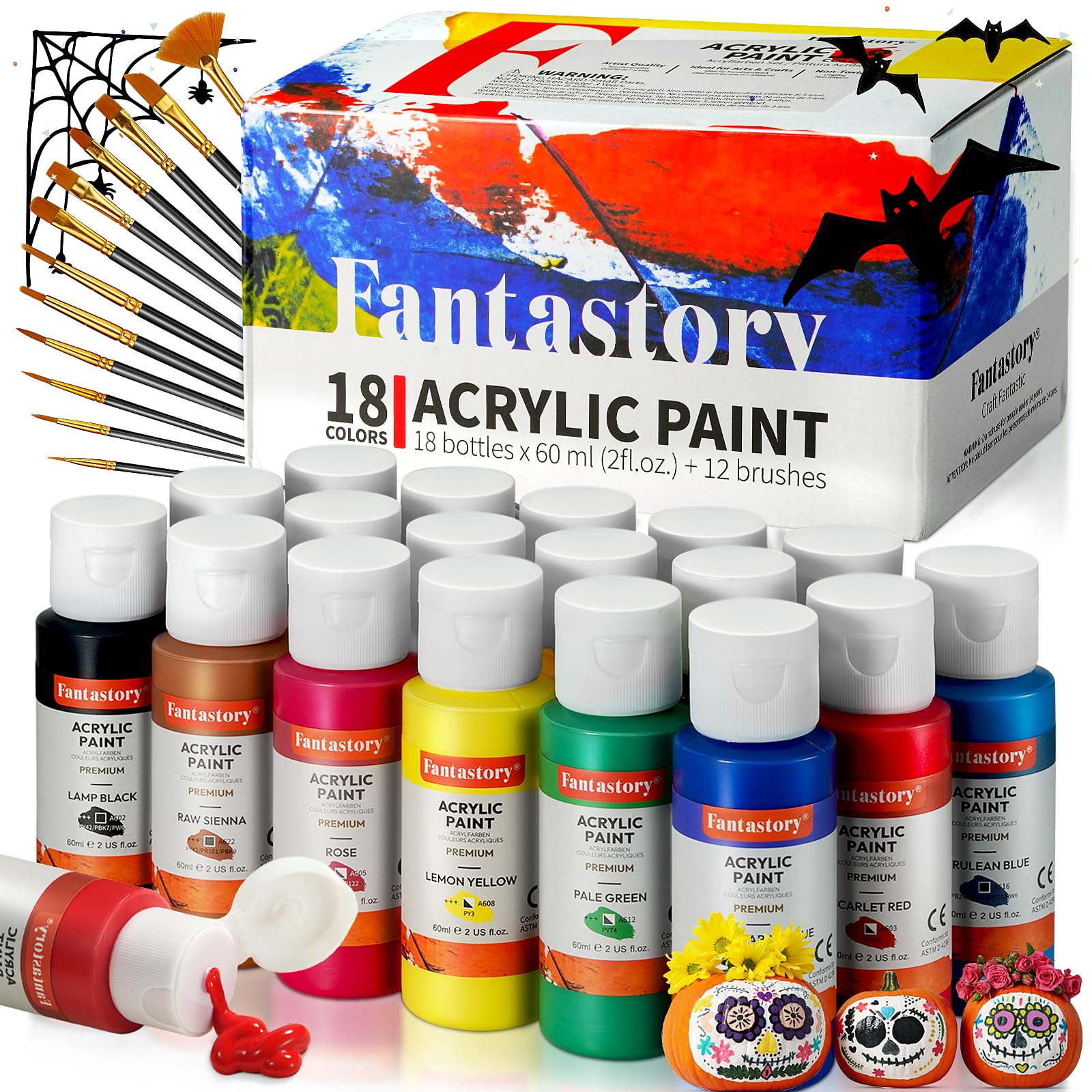 Fantastory Acrylic Paint Set - 18 Colors, 60ml Bottles with 12 Brushes