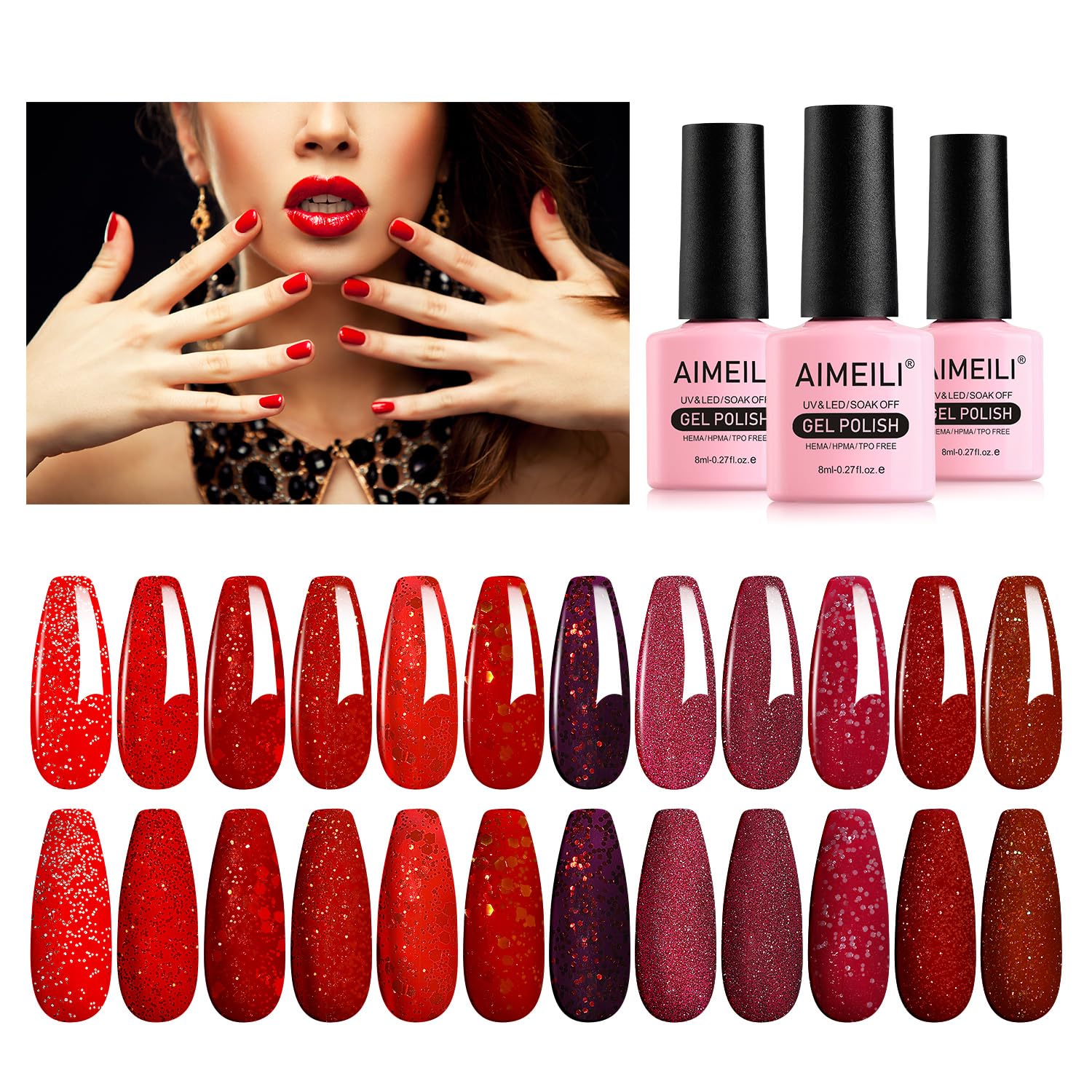 AIMEILI Christmas Red Glitter Gel Nail Polish Set | 12 Colors Soak Off