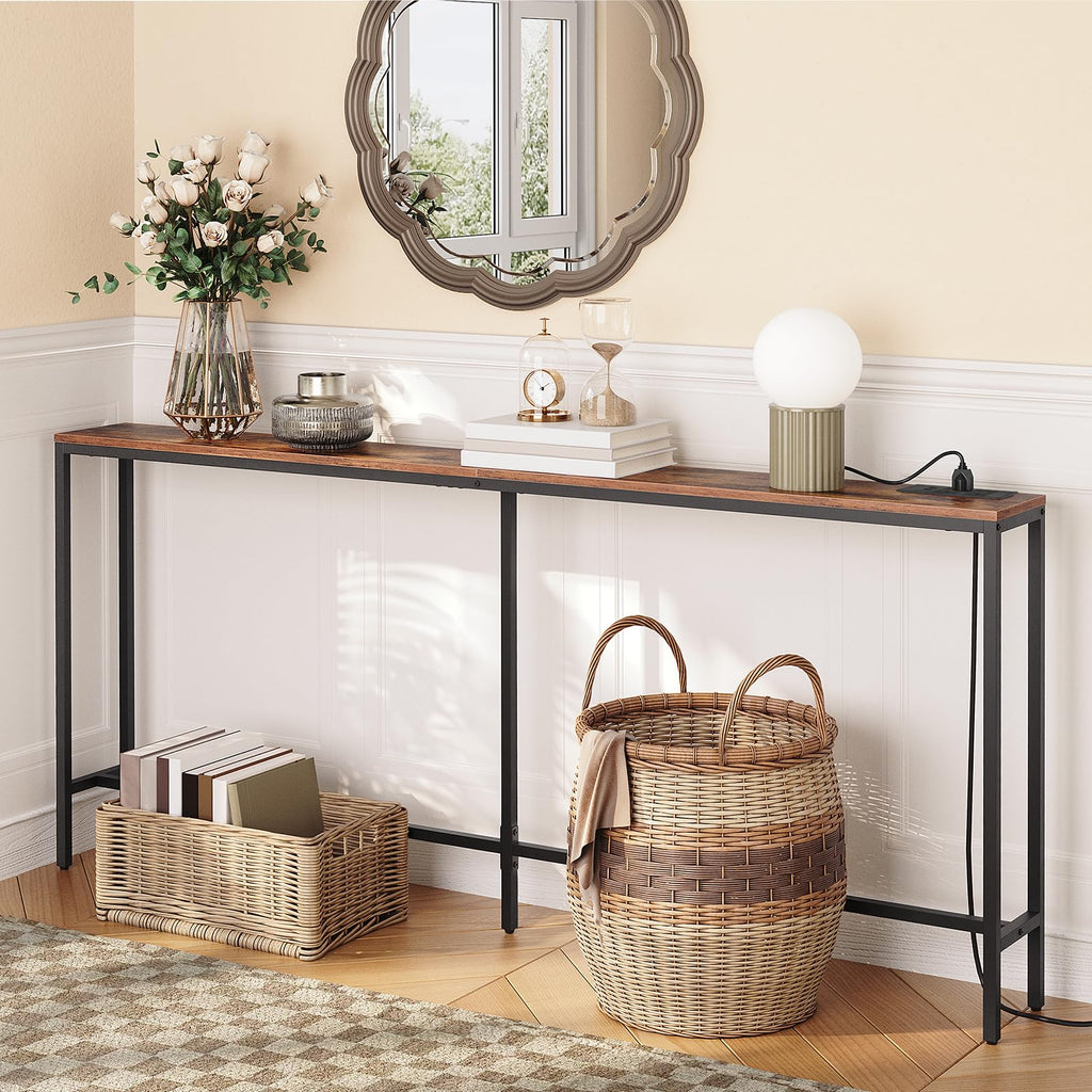 MAHANCRIS 180 CM Narrow Console Table with Power Outlet | Industrial Black