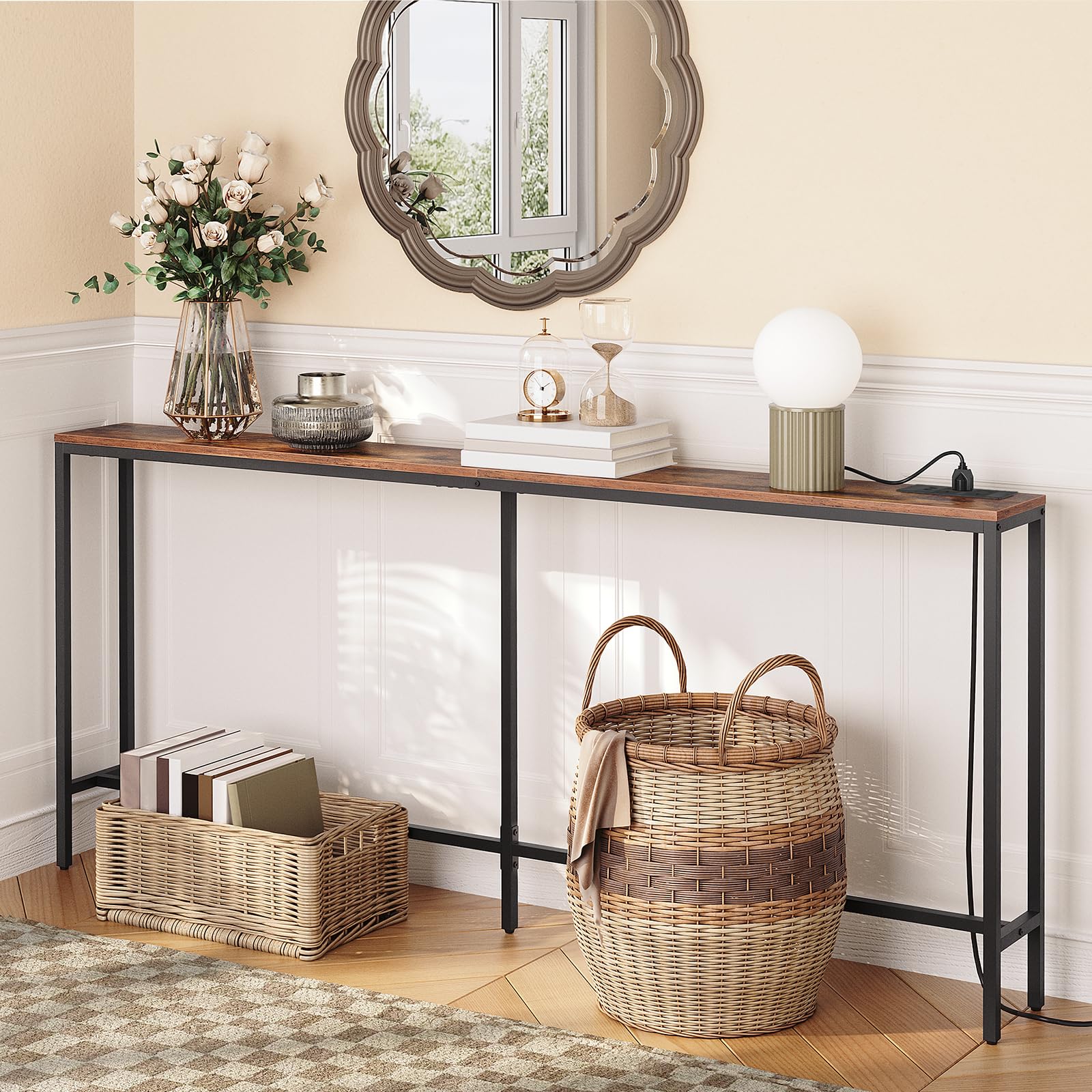 MAHANCRIS 180 CM Narrow Console Table with Power Outlet | Industrial Black