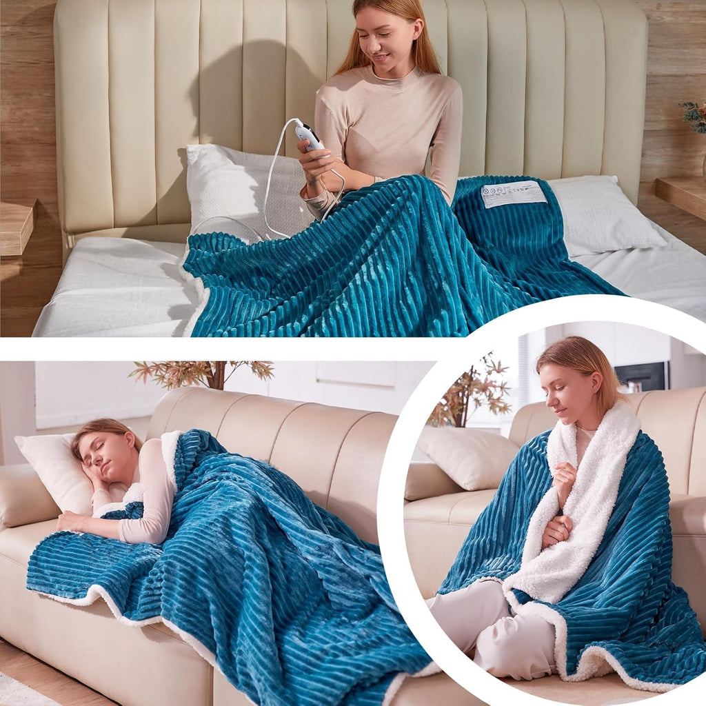 YDW Electric Heated Throw Blanket – 180x200cm Stripe Flannel in Teal