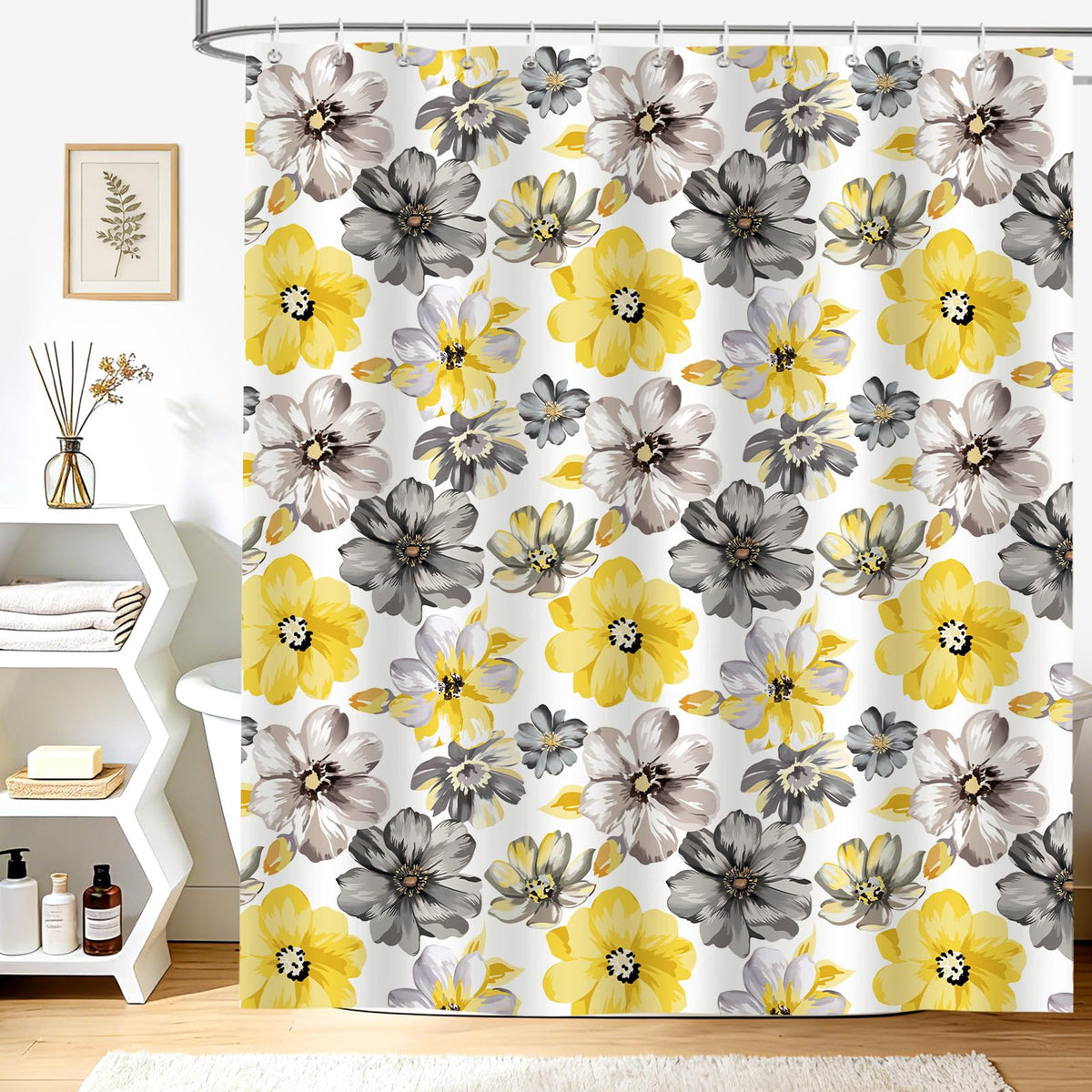 hometrixx Spring Farmhouse Floral Yellow Gray Shower Curtain 180x180cm - image 1