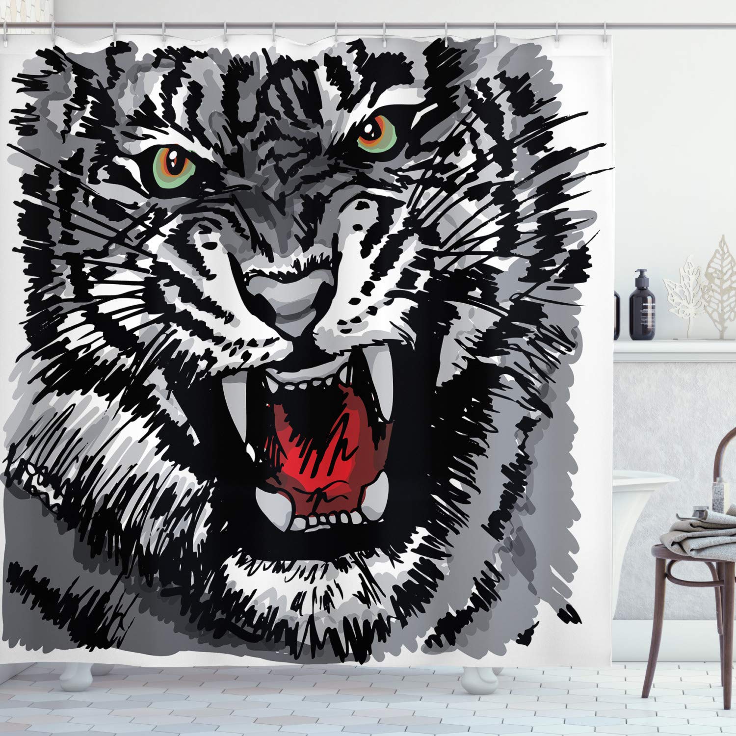 ABAKUHAUS Tiger Safari Shower Curtain | Waterproof Fabric Bathroom Decor