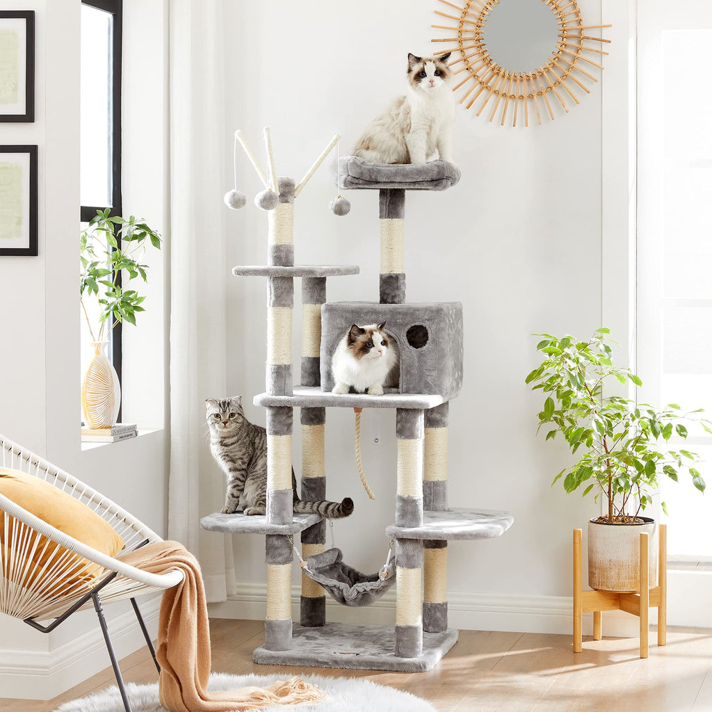 FEANDREA Cat Tree Tower with Condo, Hammock and Perch – Light Grey