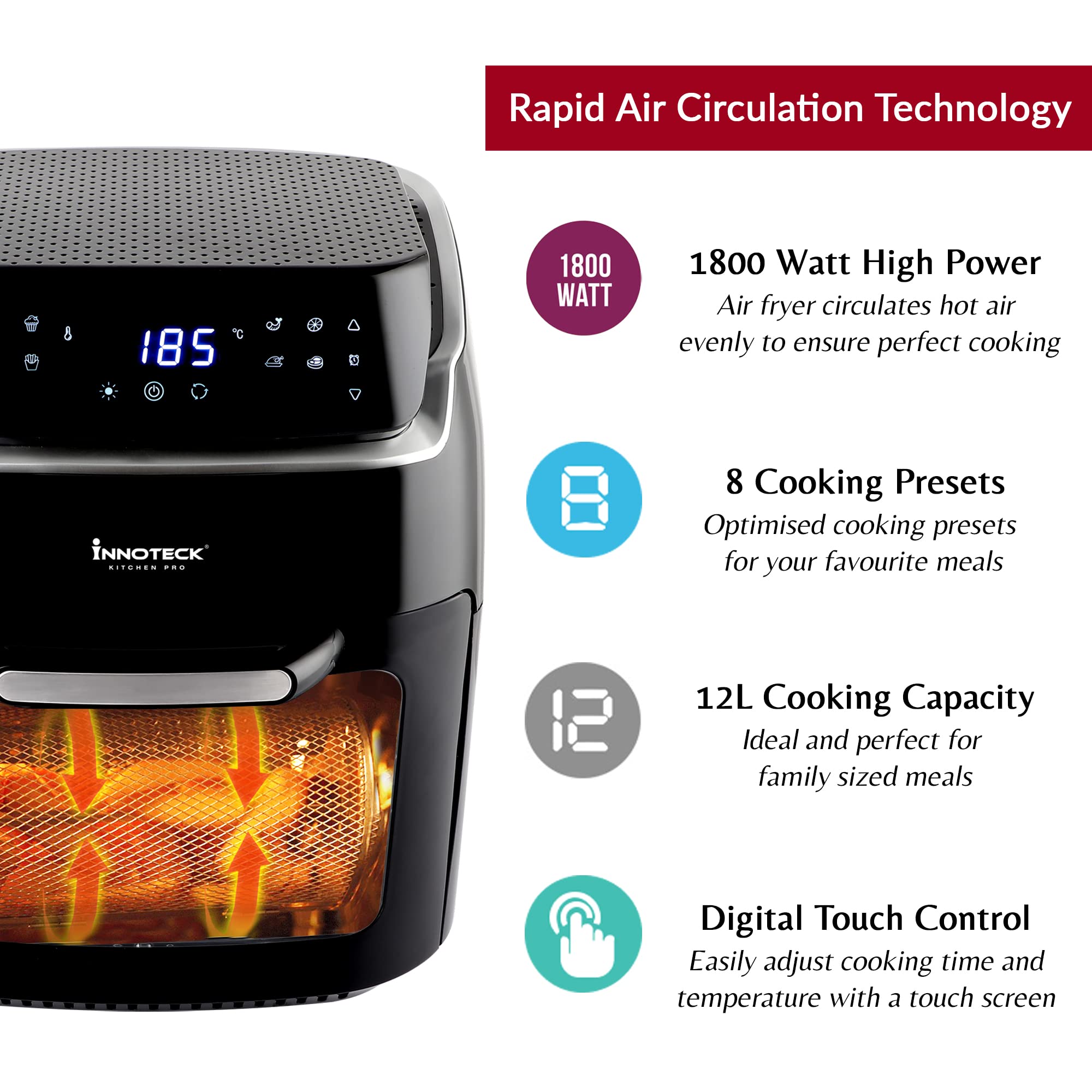 Innoteck Kitchen Pro 12L Digital Air Fryer Oven – 1800W Rotisserie