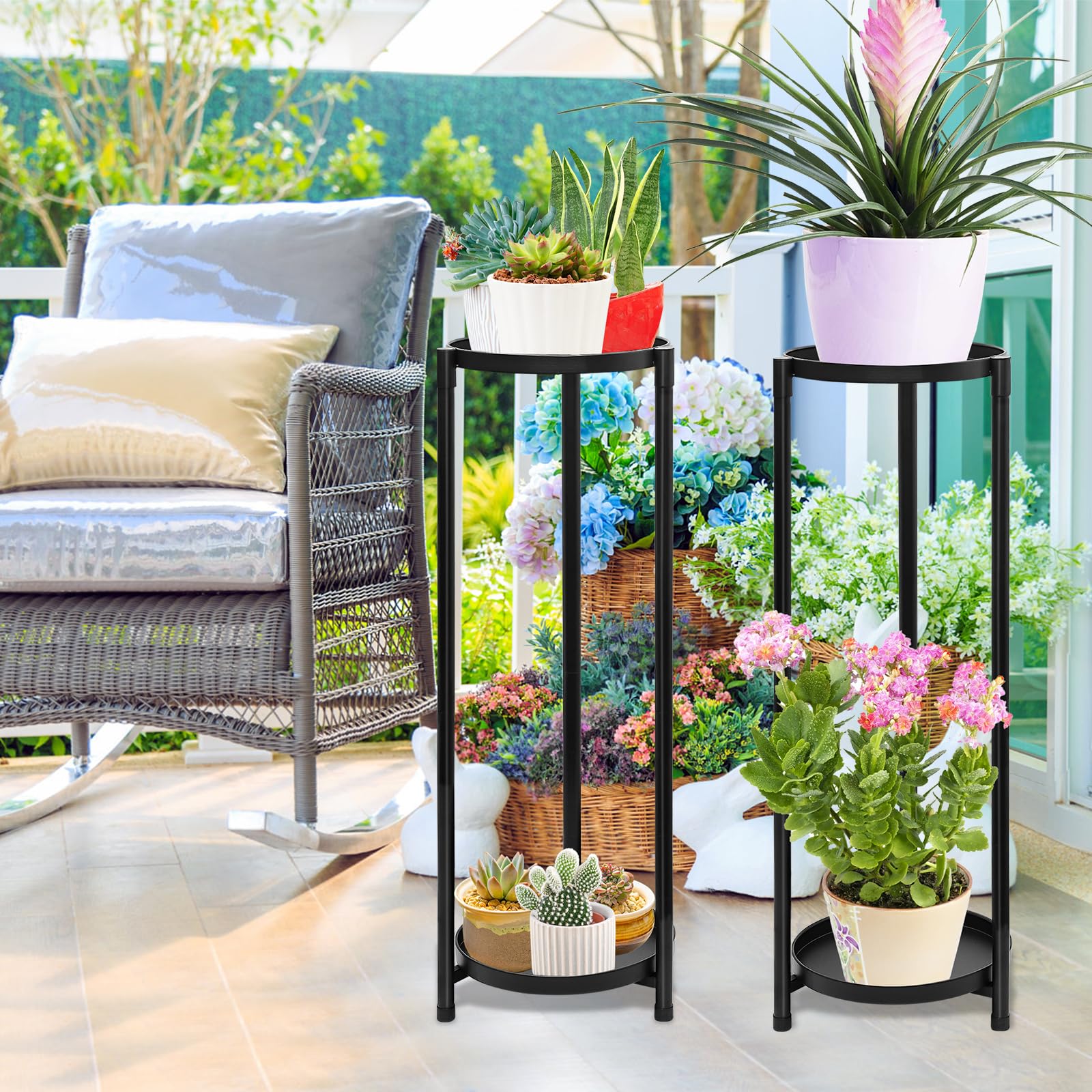 KHayRovies 2-Tier Tall Metal Plant Stand | 2-Pack Black Corner Flower Rack