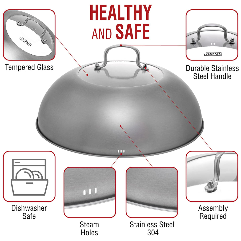 Yosukata Wok Lid 34.5cm – Stainless Steel Pan Cover with Tempered Glass