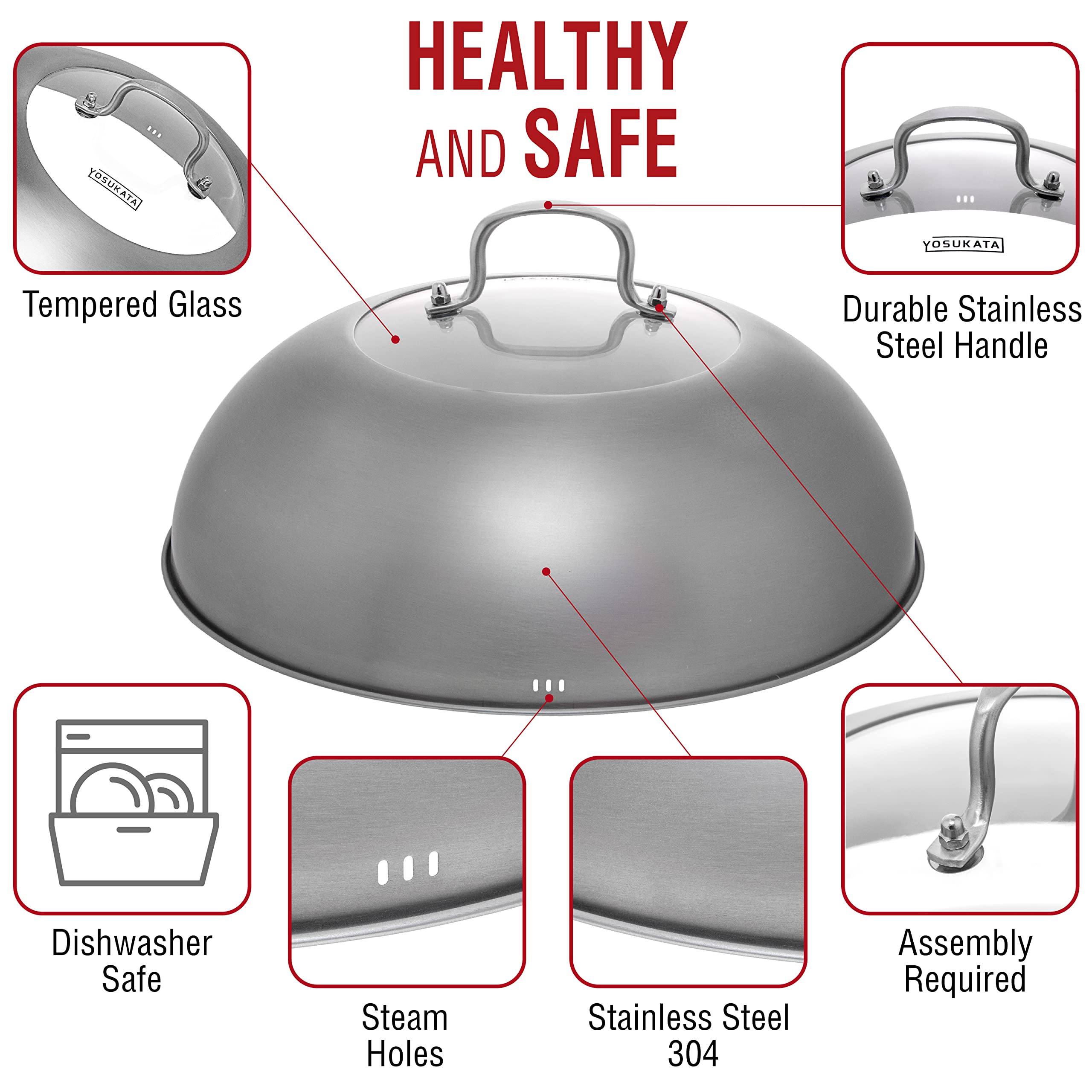 Yosukata Wok Lid 34.5cm – Stainless Steel Pan Cover with Tempered Glass