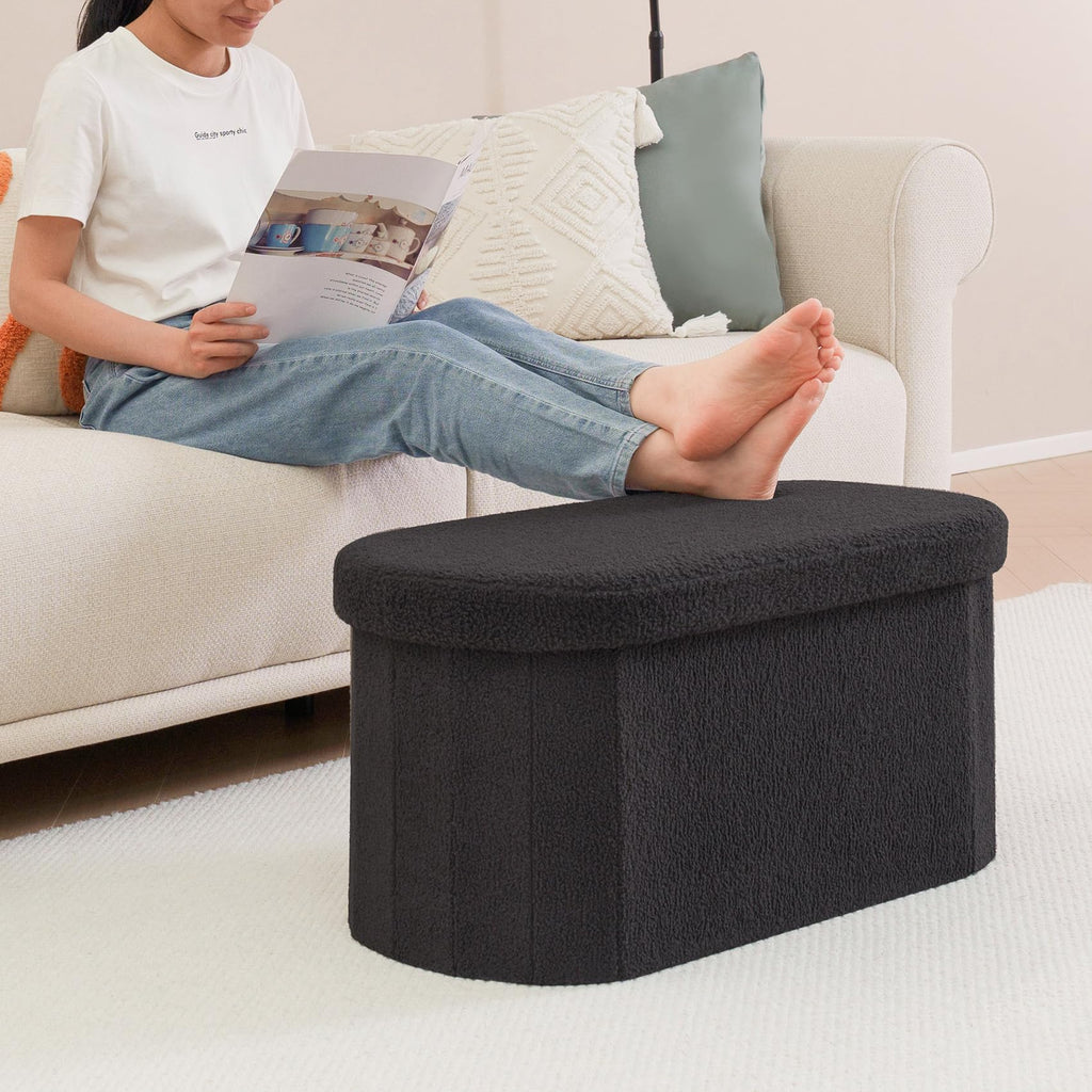 Bonlife Folding Boucle Storage Ottoman Bench | Oval Footstool - Dark Grey