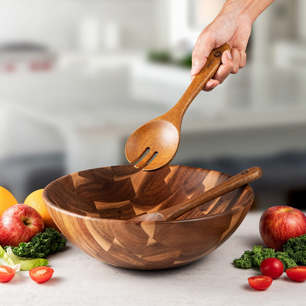 BF BILL.F Large Acacia Wood Salad Bowl Set - 30cm Serving Bowl with Servers