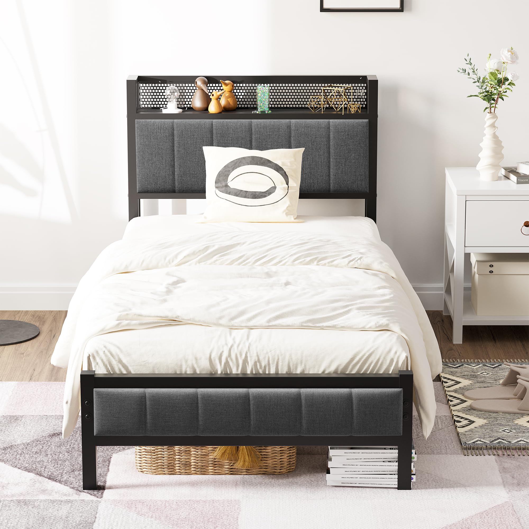 Diahomy 3ft Single Bed Frame | Upholstered Platform Bed with Storage Headboard