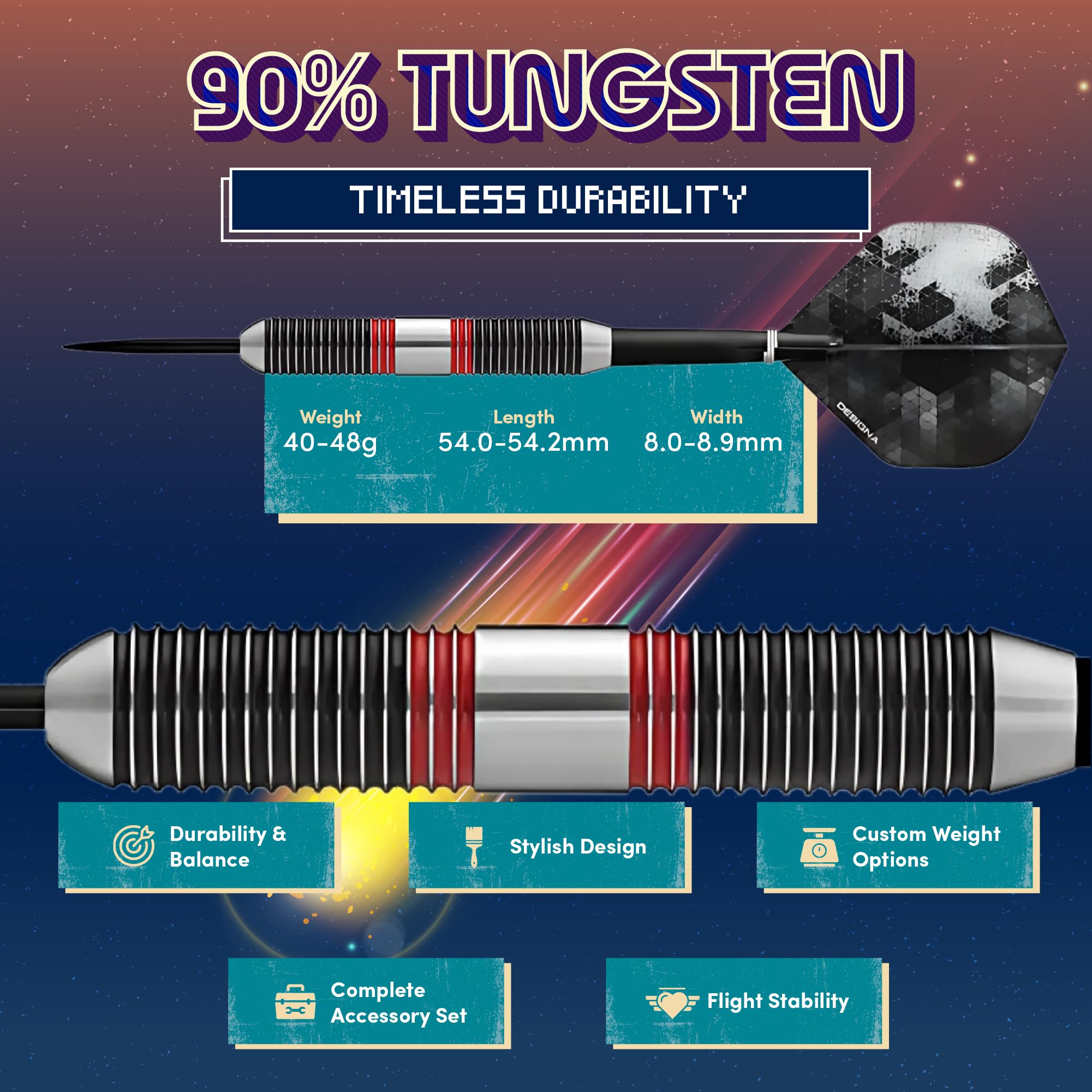 Designa Meteor 90% Tungsten Steel Tip Darts – Heavy 44g Ringed Grip Set