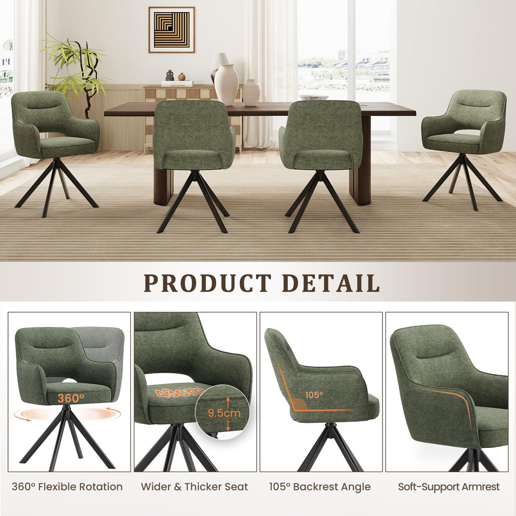 COLAMY 360°Swivel Dining Chairs Set of 4, Fabric Chairs for Dining Room with Armrests, Hollow Backrest and Thick Seat Cushion